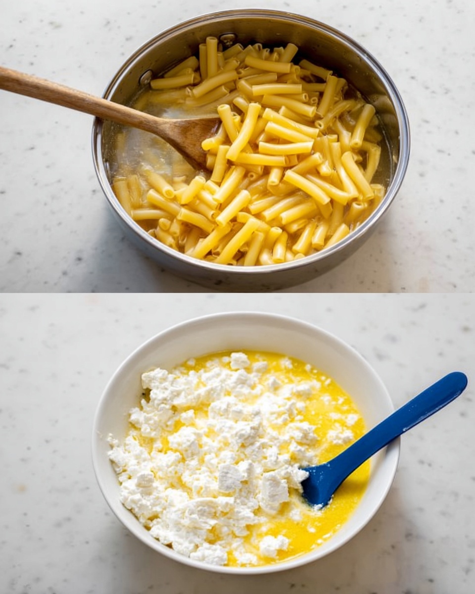 The first image shows a clear glass baking dish filled with three layers: the bottom layer is pale yellow pasta with a smooth texture, the middle layer is a chunky mixture of minced meat and tomato sauce, bright red with visible herbs, and the top layer is a rich, vibrant red tomato sauce with a thick, slightly coarse texture. The dish is placed on a white marbled surface. The second image shows the same clear glass baking dish with multiple layers, starting with a base layer of red sauce topped with shredded pale yellow cheese scattered evenly, and on top there are many small, pale yellow cheese cubes spread all over, creating a contrast in texture and color. This dish is also on a white marbled surface, photo taken with an iphone --ar 4:5 --v 7