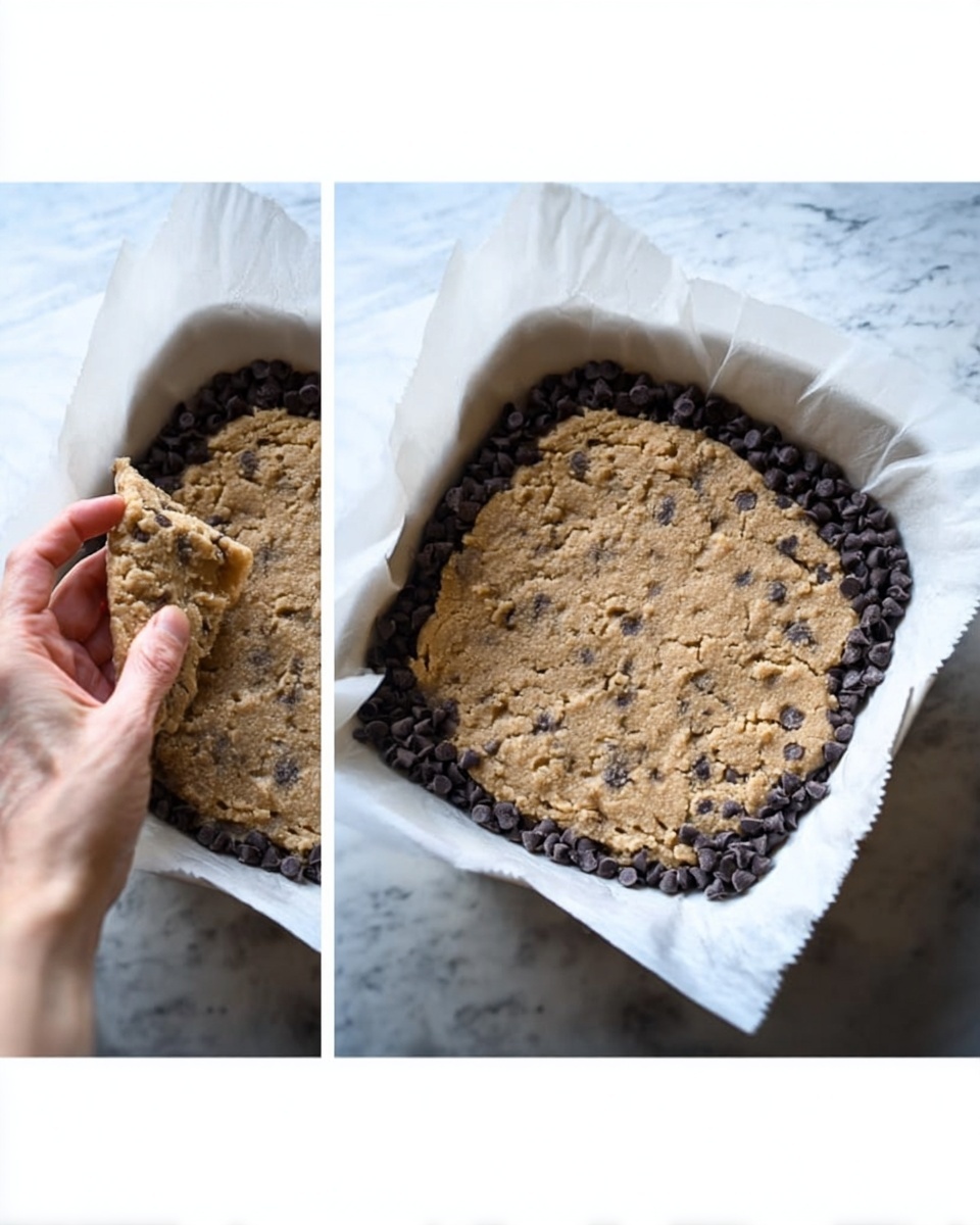 A woman's hand holds a folded piece of light brown dough that has a soft, slightly rough texture, filled with dark chocolate chips inside. Next, the dough pieces are placed unevenly on a layer of dark chocolate chips in a square white bowl lined with parchment paper. Finally, the dough is pressed down smoothly to cover the chocolate chips completely, forming a flat, light brown layer with a slightly cracked surface inside the white bowl. The setting is on a white marbled texture background. photo taken with an iphone --ar 4:5 --v 7