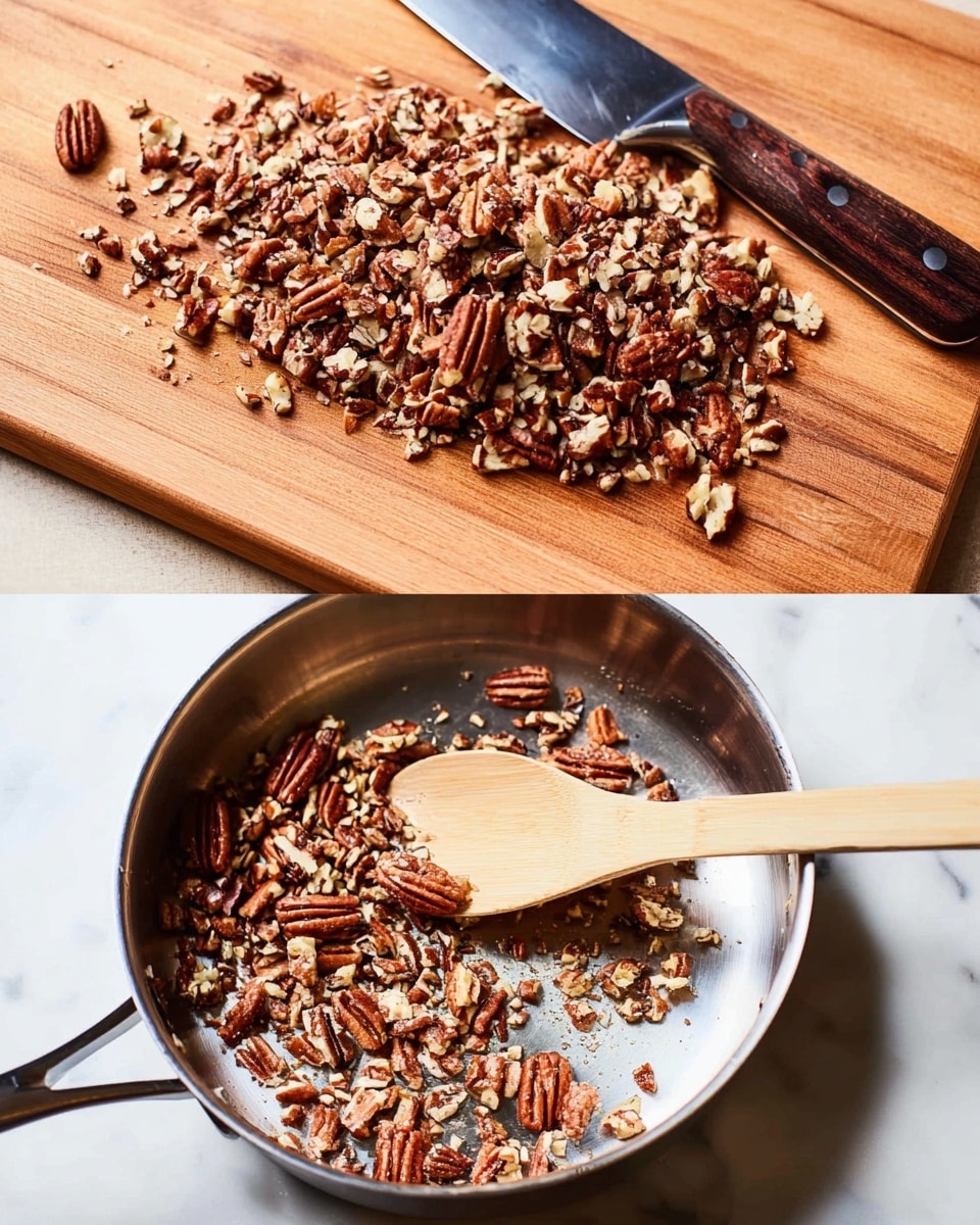 The image shows two parts: at the top, a pile of medium brown chopped pecans with varied textures, some whole nut pieces and some smaller bits, resting on a wooden cutting board next to a large knife with a dark brown handle; at the bottom, a shallow stainless steel pan containing the same chopped pecans being toasted, mixed with a light wooden spoon that has a smooth, rounded handle, the pan's shiny silver inside contrasts with the warm tones of the nuts, all set on a white marbled surface. photo taken with an iphone --ar 4:5 --v 7