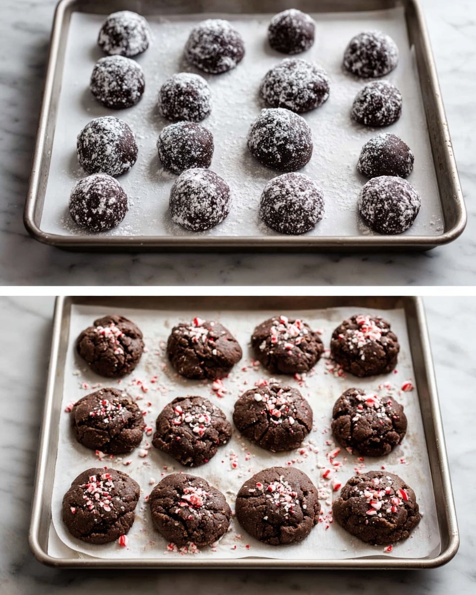 A close-up view of a round chocolate cookie with a rough, slightly cracked texture, dark brown in color. It is topped with a thick layer of smooth, shiny chocolate spread covering half of the cookie. On top of the spread and cookie, there are many broken pieces of red and white striped candy canes scattered unevenly. The cookie rests on a white marbled surface with other similar cookies blurred in the background. One candy cane is partially visible, lying on the surface to the right. The lighting highlights the rich chocolate and the bright peppermint candy pieces. photo taken with an iphone --ar 4:5 --v 7