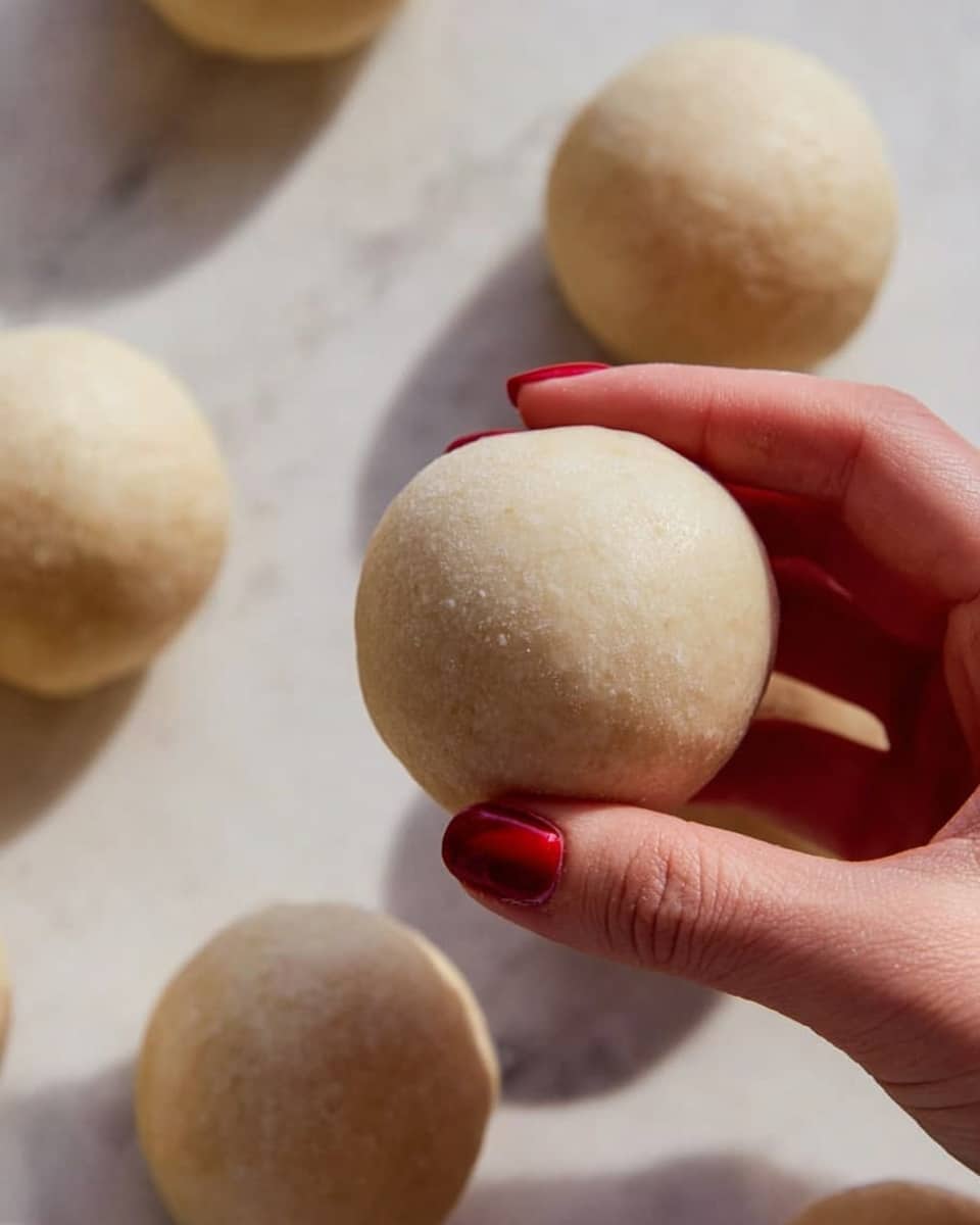 A close-up image shows a woman's hand with red nail polish gently holding a smooth, round dough ball. The dough ball is light beige with a soft texture. Around it, several other similar dough balls rest on a white marbled surface. The lighting is natural and soft, highlighting the texture of the dough and the details of the woman's fingers. photo taken with an iphone --ar 4:5 --v 7