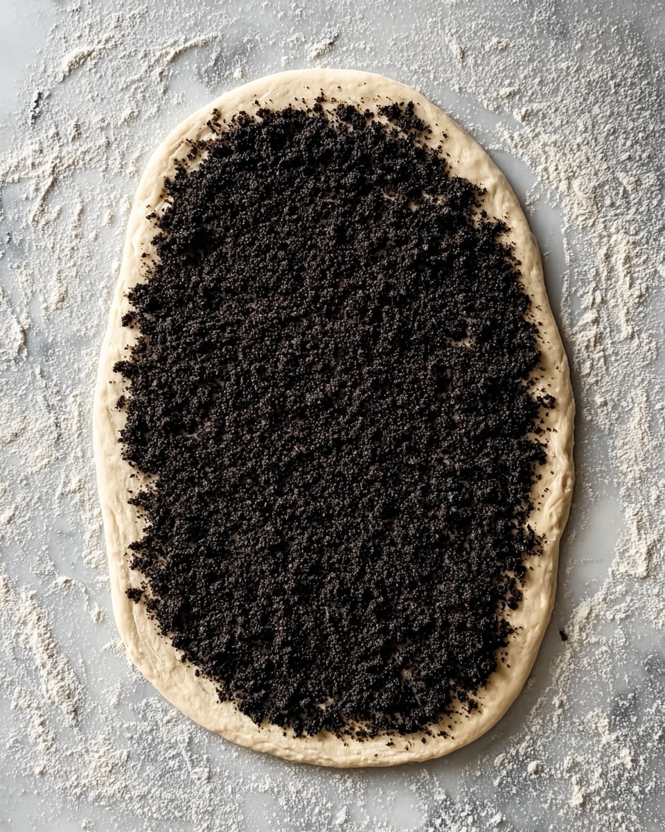 A rectangular white baking pan lined with brown parchment paper holds dough with dark poppy seed filling swirled through it in thick, uneven layers. The dough is pale beige with a smooth, soft texture, twisted to show the black poppy seed paste in separated and mixed stripes that create a marbled effect. The pan sits on a white marbled texture surface. Photo taken with an iphone --ar 4:5 --v 7