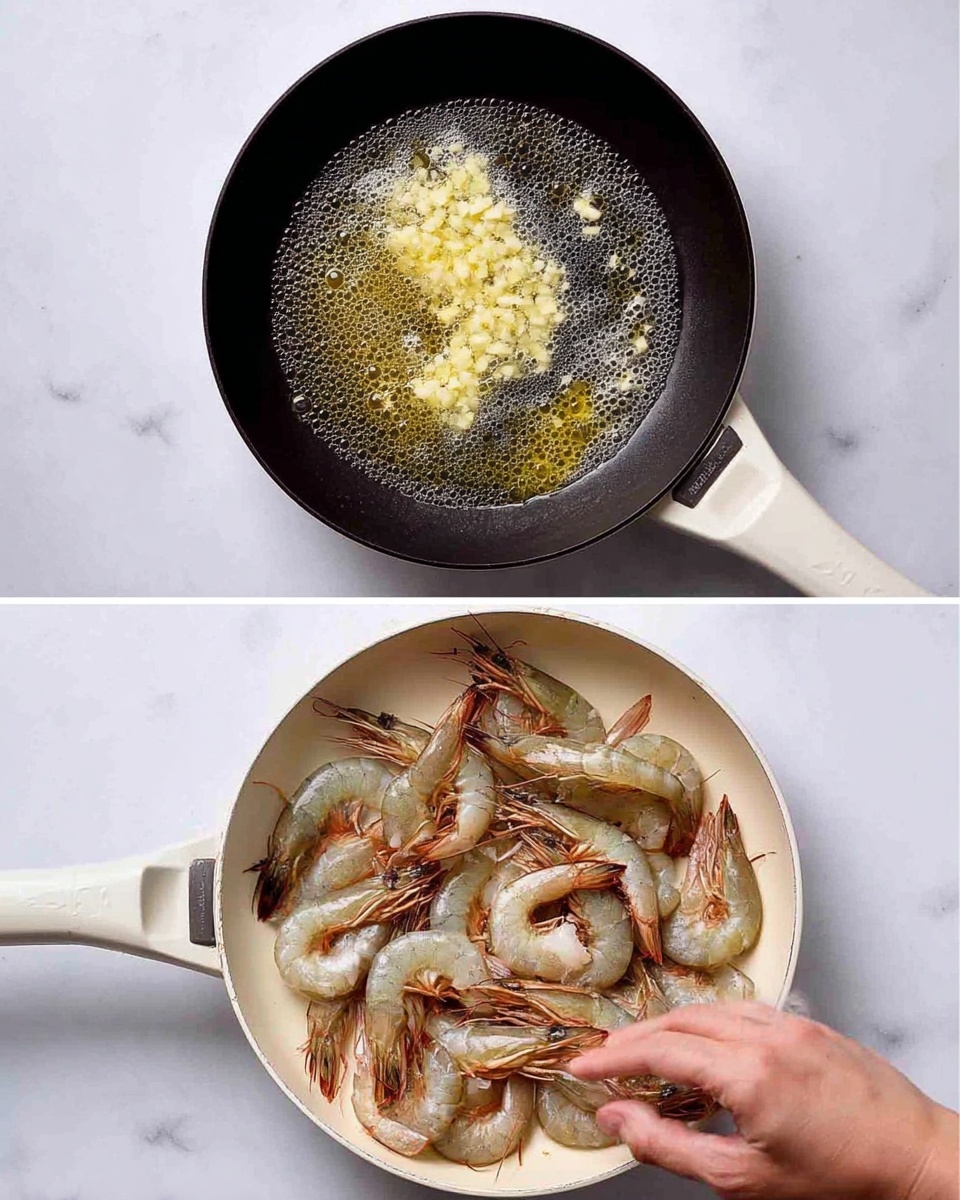 The image shows two scenes in a white-handled frying pan on a white marbled surface. In the top scene, there is a black frying pan with small pieces of minced garlic sizzling in clear melted butter on the right side, creating bubbles. In the bottom scene, the same frying pan is filled with raw shrimp with shells and antennas still on, arranged closely together, while a woman's hand is placing or adjusting one shrimp on the right side. Photo taken with an iphone --ar 4:5 --v 7