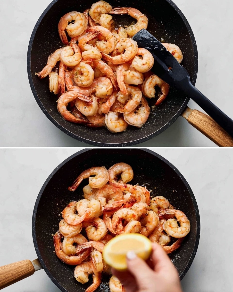 The image shows two views of a black frying pan with a wooden handle on a white marbled surface. Inside the pan are many cooked shrimp with their shells and tails on, arranged in a disorganized pile with light pink and orange colors. The shrimp texture looks slightly shiny and firm. In the top view, a black spatula is in the pan lifting some shrimp. In the bottom view, a woman's hand is squeezing a lemon wedge over the shrimp, with small juice drops visible. Photo taken with an iphone --ar 4:5 --v 7