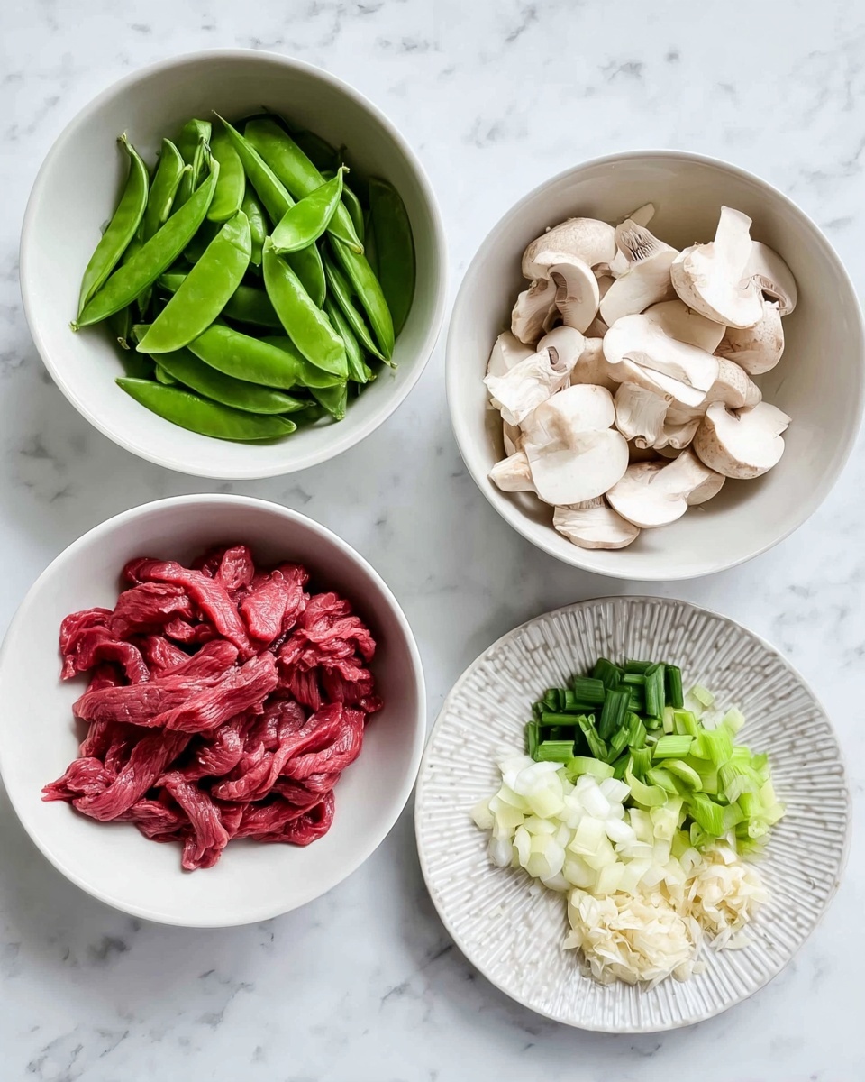 The image shows four white bowls on a white marbled surface. The top left bowl contains bright green sugar snap peas with a smooth texture. The top right bowl is filled with white button mushrooms, sliced in halves and quarters, showing a soft and slightly rough texture. The bottom left bowl has thin strips of raw beef, deep red in color and slightly shiny. The bottom right dish is a white plate with a pattern around the edge, holding chopped ingredients: white onion pieces, finely minced garlic, and green onion stalks cut into small sections. Photo taken with an iphone --ar 4:5 --v 7