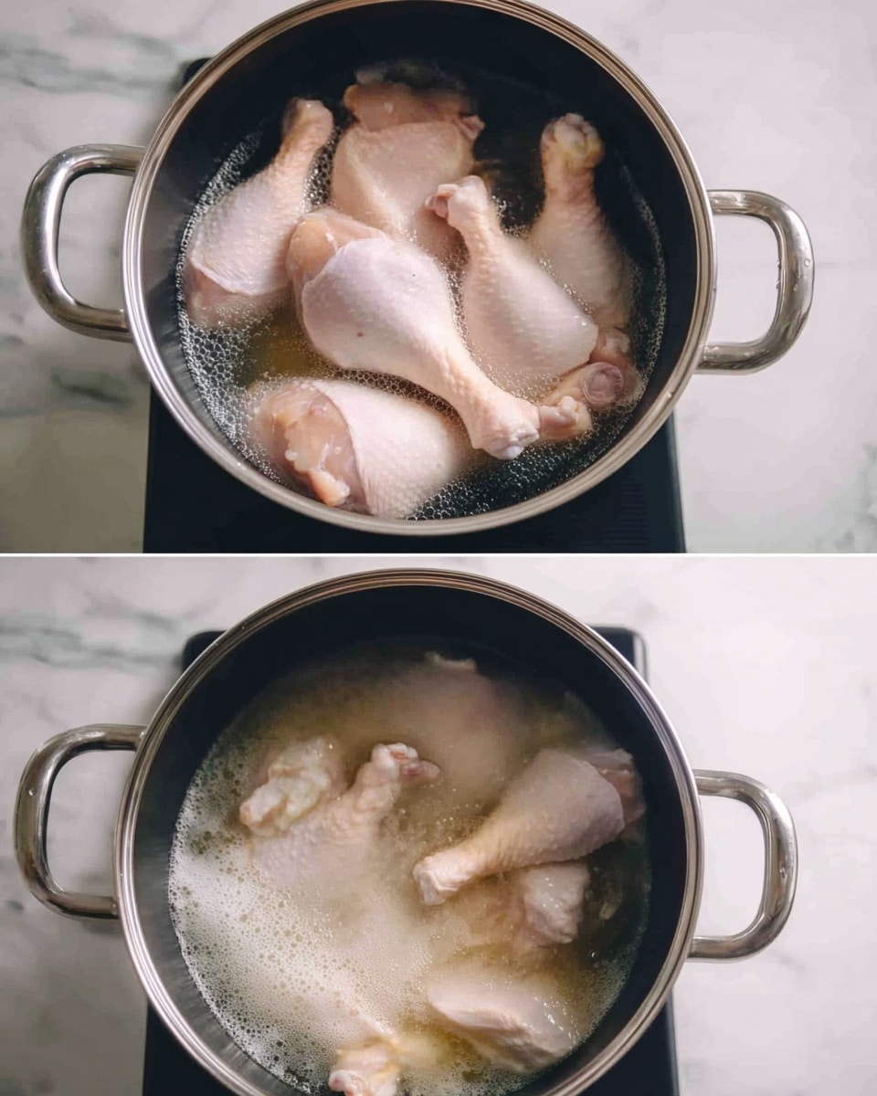 The image shows two pots on a stove with a white marbled surface beneath. In the top pot, five raw pale pink drumsticks are fully covered by clear water, arranged loosely with a smooth surface of water. In the bottom pot, the drumsticks are partially cooked in bubbling, foamy, light grayish water with some white foam floating on top, and the drumsticks have turned a more muted beige color, still mostly submerged. The pots are black with silver rims and have handles on the sides. Photo taken with an iphone --ar 4:5 --v 7