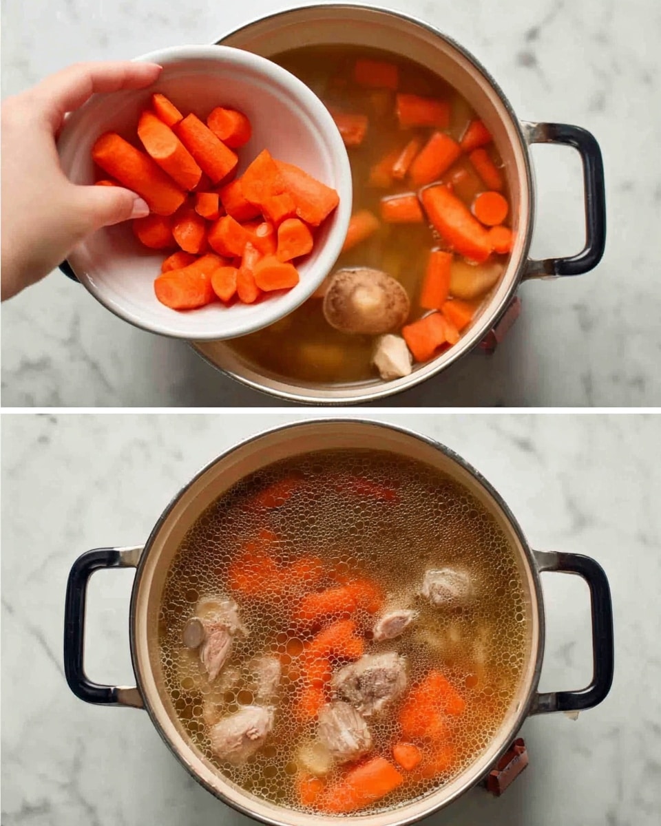 The image shows two views of a cooking pot on a white marbled surface. In the top view, a woman's hand is adding large, bright orange carrot pieces from a white bowl into the pot filled with a light brown broth and small orange bits, with a mushroom visible near the pot's edge. The bottom view shows the pot simmering with the carrot pieces now floating alongside pale, light brown meat pieces and the mushroom, all immersed in bubbly broth. The pot has a silver rim with black handles. photo taken with an iphone --ar 4:5 --v 7