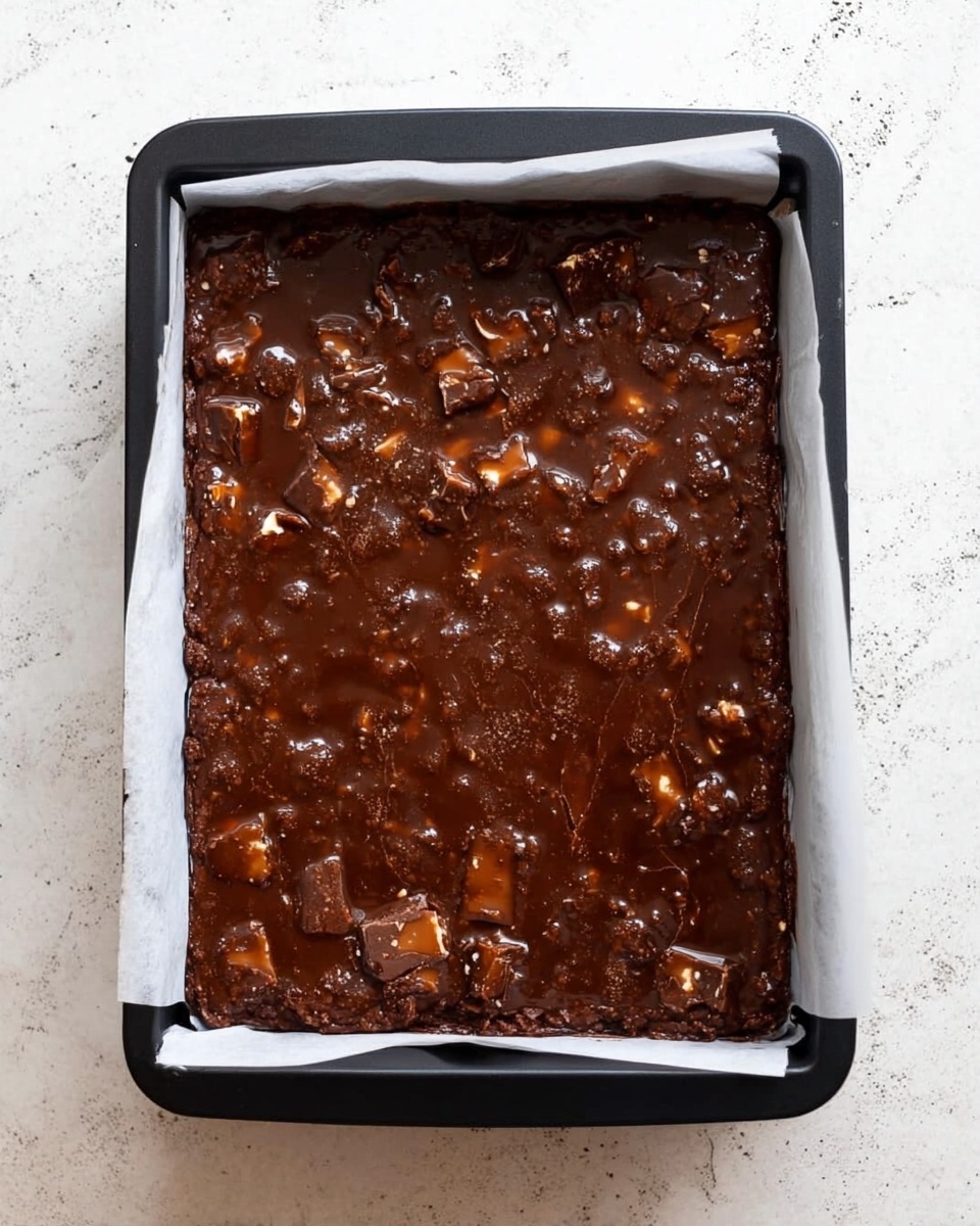 A rectangular black baking tray lined with white parchment paper holds a dark brown brownie batter mixed with chunks of lighter brown or caramel-colored pieces spread evenly inside. The batter has a moist and slightly shiny texture with tiny bubbles and cracks visible on the surface. The tray sits on a white marbled textured surface. Photo taken with an iphone --ar 4:5 --v 7