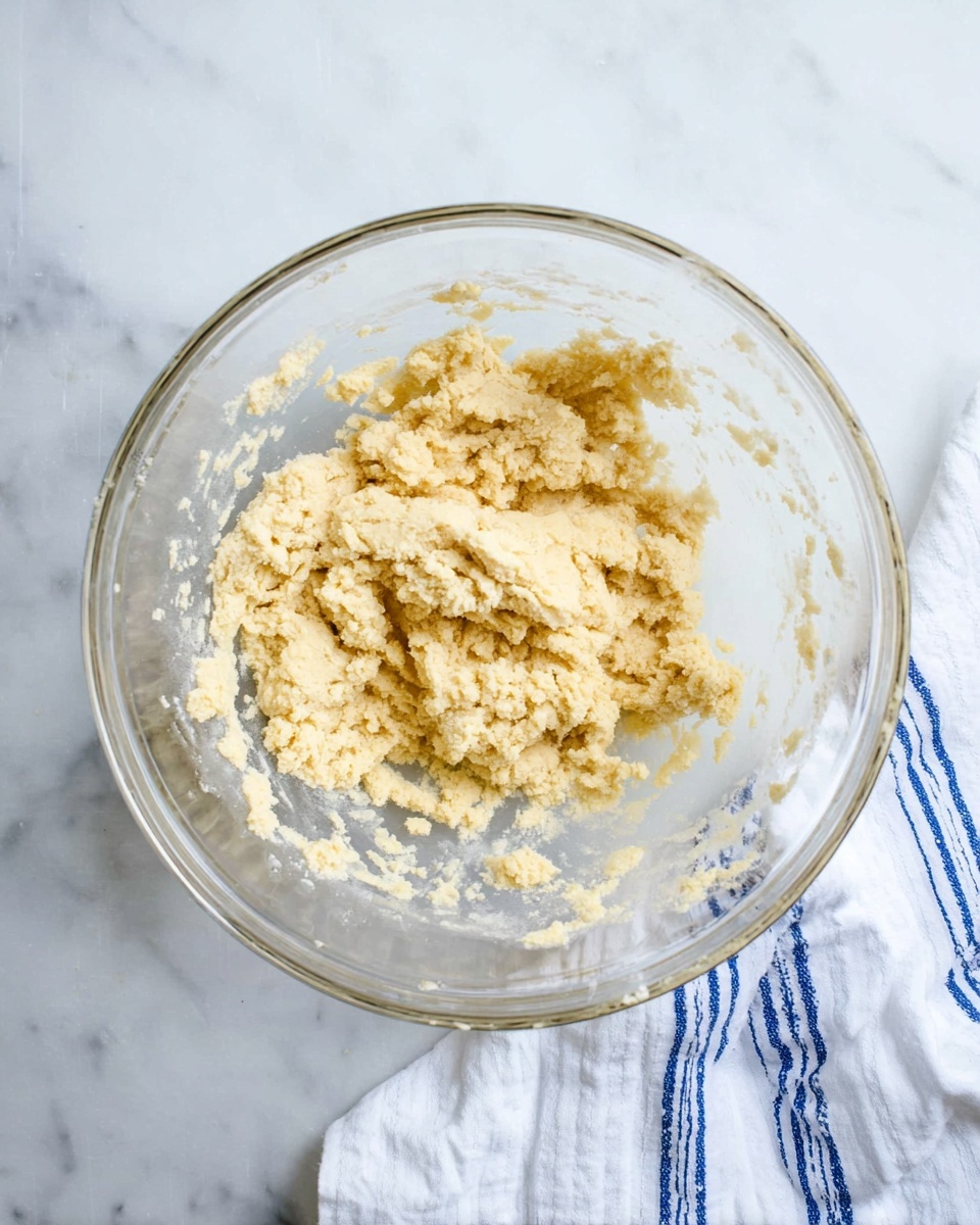 The image shows a clear glass bowl placed on a white marbled surface. Inside the bowl, there is a single layer of light yellow dough with a rough, sticky texture spread mostly in the center, with bits sticking to the sides of the bowl. To the right of the bowl, there is a white cloth with blue stripes partially visible. Photo taken with an iphone --ar 4:5 --v 7