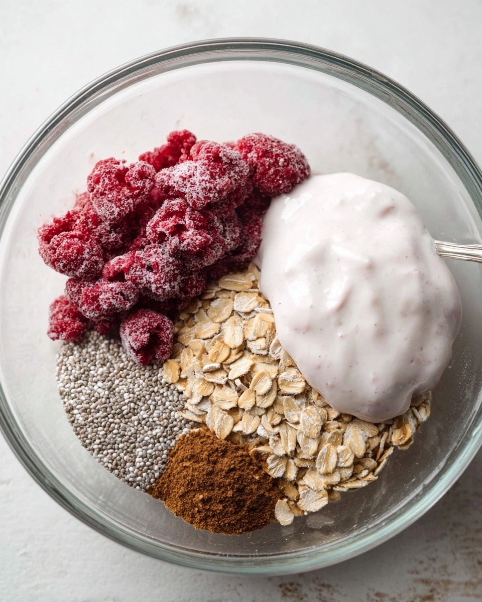 A clear glass bowl sits on a white marbled surface filled with five separated ingredients before mixing. On the top left corner, there are frozen red raspberries with a light frost texture. To the right, a spoonful of light pink creamy yogurt rests, smooth and slightly thick. Below the yogurt, a cluster of tiny, round, beige chia seeds fills the space with a grainy texture. At the bottom left, dry light brown rolled oats are scattered, flattened with rough edges. In the middle, a small pile of brown ground cinnamon adds a fine, powdery layer. Photo taken with an iphone --ar 4:5 --v 7