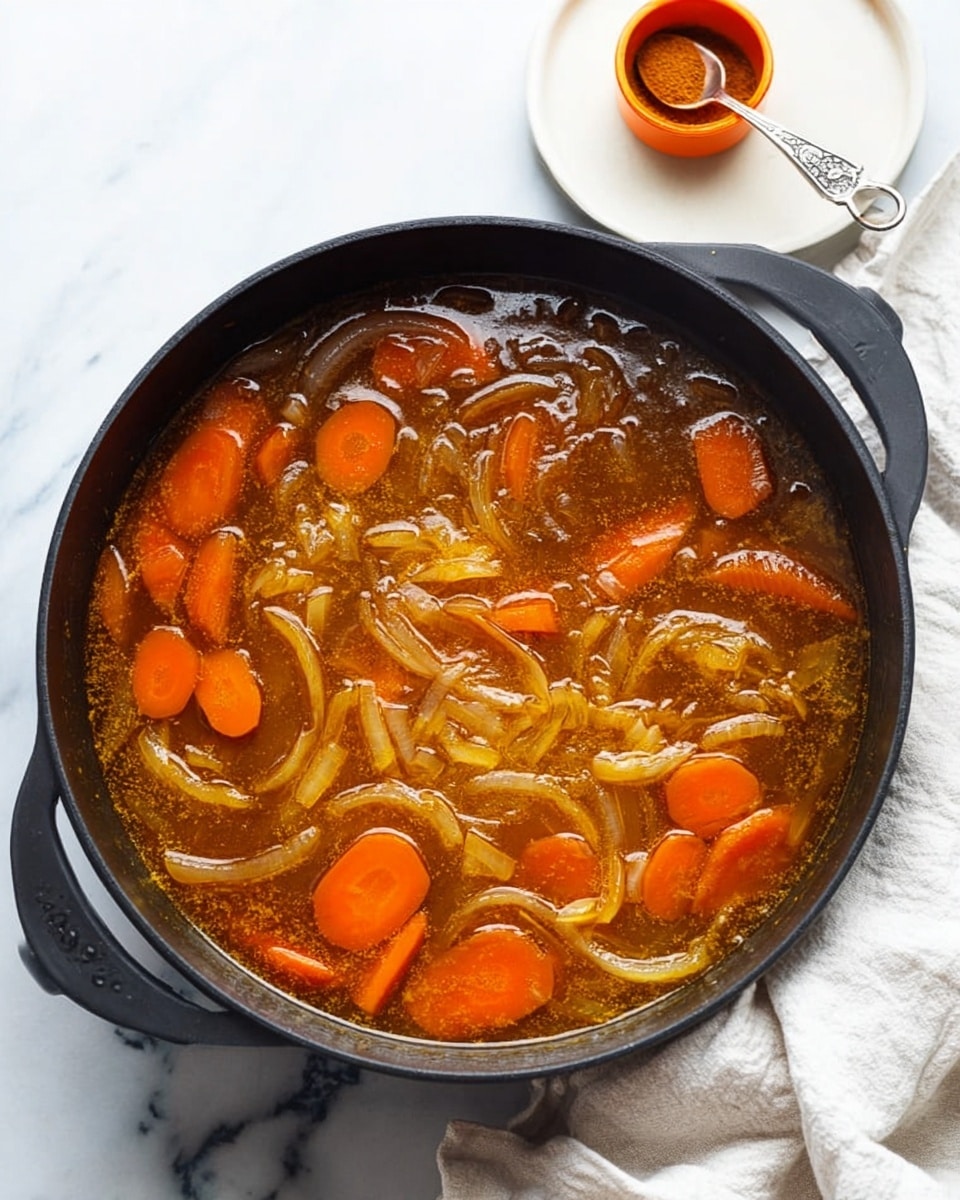A black pan filled with a simmering dish containing two main visible layers: the first layer is a rich brown-orange liquid broth, and the second layer consists of floating slices of bright orange carrots and translucent, thinly sliced onions spread evenly throughout. The pan rests on a white marbled surface with a white cloth nearby, and there is an orange spice container with a small silver spoon on a white plate in the upper corner. The colors in the dish give a warm, hearty feeling. photo taken with an iphone --ar 4:5 --v 7