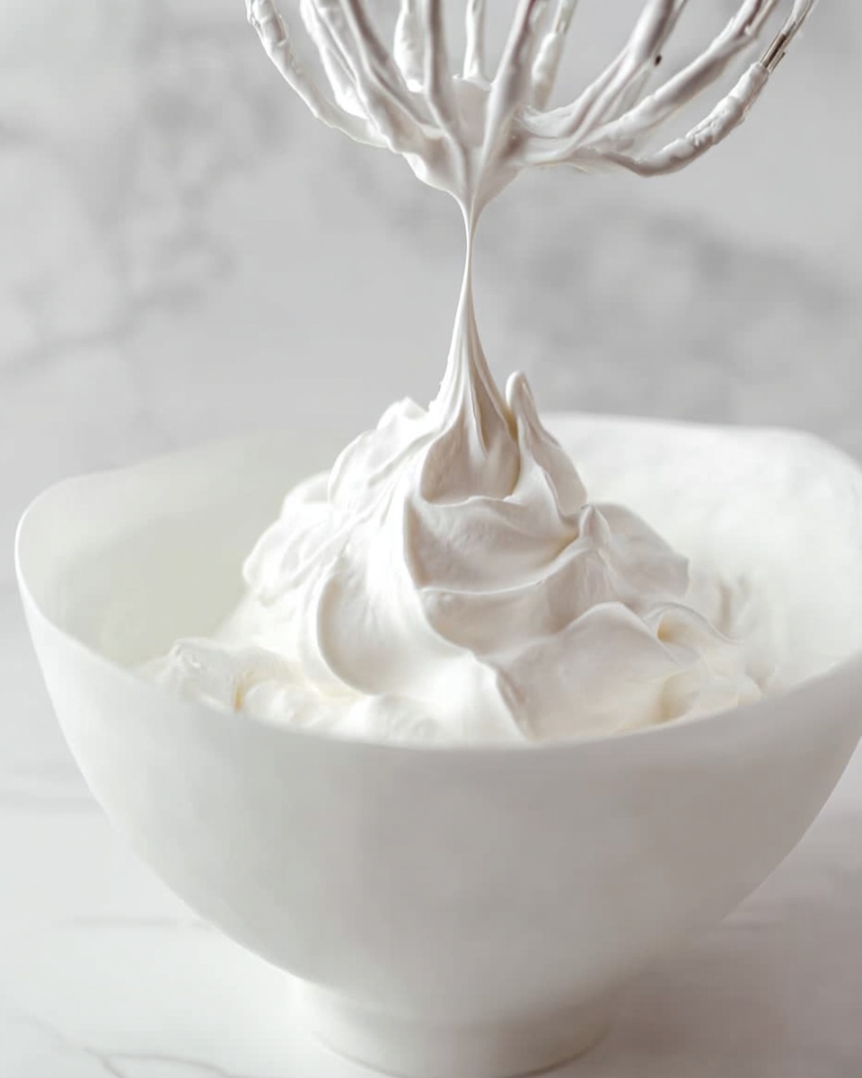 The image shows thick white whipped cream with soft peaks in a white bowl. Above the whipped cream, part of a wire whisk is visible with some cream dripping down from it. The background is a white marbled texture, giving a clean and fresh look. The smooth and glossy texture of the cream gives a sense of softness and lightness. Photo taken with an iphone --ar 4:5 --v 7