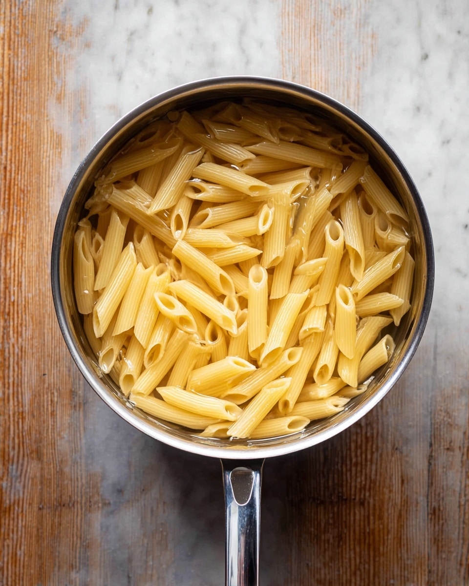 A shiny silver pot filled with pale yellow penne pasta submerged in clear water sits on a white marbled surface. The pasta is spread evenly inside the pot, with the pasta tubes smooth and rigid, their hollow centers visible. The pot's long handle extends downward, making the pot look ready to be used. The texture of the wooden surface underneath contrasts with the steel pot and pasta's softness. Photo taken with an iphone --ar 4:5 --v 7