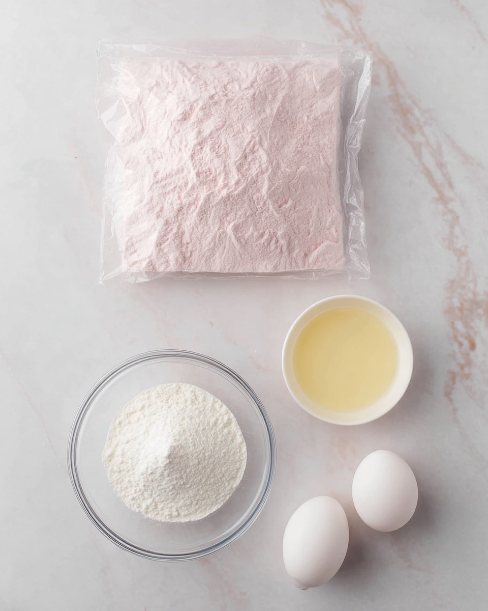 The image shows a white marbled surface with four ingredients laid out neatly. At the top is a clear plastic bag filled with light pink powder, slightly wrinkled and uneven. Below it, there is a small clear glass bowl filled with white powdered sugar on the left and a white bowl filled with a pale yellow liquid on the right. At the bottom right, two smooth white eggs rest together on the surface. The setting is clean and bright with soft natural light. photo taken with an iphone --ar 4:5 --v 7