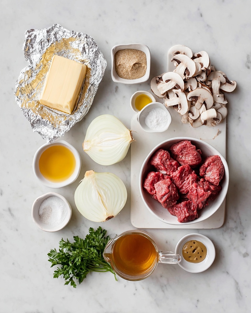 The image shows raw ingredients laid out on a white marbled surface. On the left, there is a open foil with a pale yellow block of butter next to a small bowl of light brown mustard. Above, a small container holds thin, light brown and white sliced mushrooms. In the center, a white rectangular board has two halves of a pale yellow onion, and next to it, a white bowl filled with bright red raw beef pieces. Surrounding these are small white bowls with salt, black pepper, clear yellow oil, a white powdery substance, golden measuring spoon with white flour, and a clear pitcher filled with amber-colored broth. At the bottom, a small bunch of fresh green parsley lies beneath them all. Photo taken with an iphone --ar 4:5 --v 7