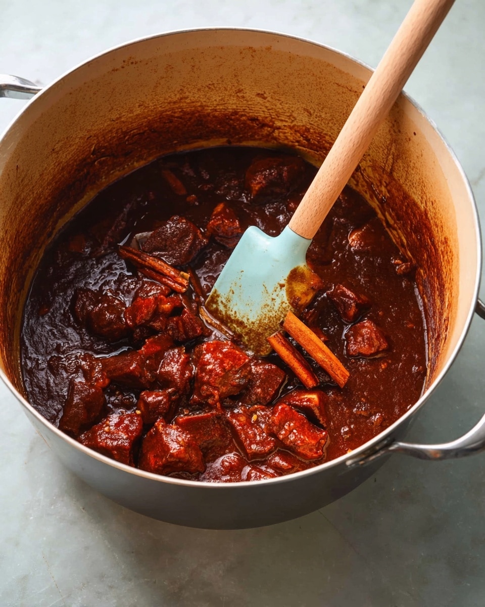 A large silver pot filled with thick dark reddish-brown stew with visible chunks of tender meat and a cinnamon stick, a light blue spatula with a wooden handle is resting inside the pot, coated with the rich sauce, the pot is placed on a white marbled surface photo taken with an iphone --ar 4:5 --v 7