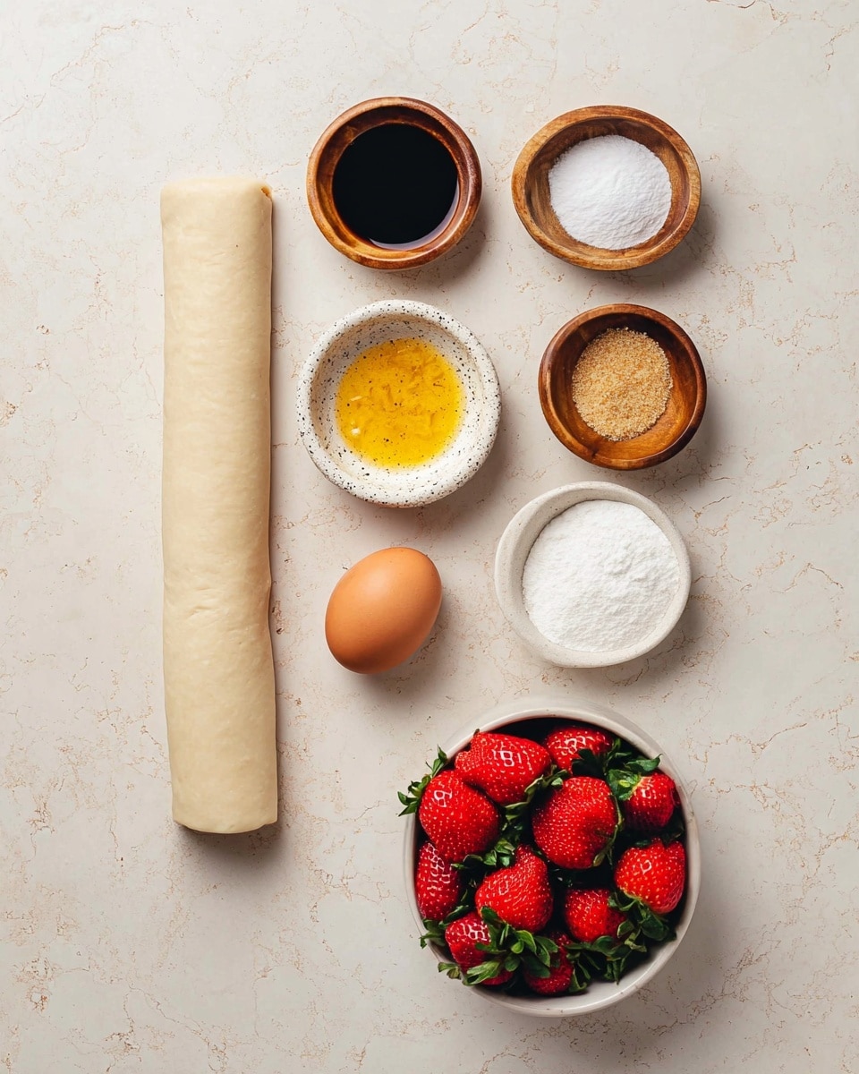 A light beige rolled sheet of dough is placed vertically on the left side, next to a white bowl of fresh, red strawberries with green leaves at the bottom right. To the right of the dough and strawberries are six small bowls and an egg in the middle. From top to bottom on the right side: a wooden bowl with dark brown liquid, a white speckled bowl with a bright yellow zest, a wooden bowl with light brown sugar crystals, a small white bowl filled with fine white sugar, a white speckled small plate with a white powder, and a single light brown egg placed between the sugar and lemon zest. All items are arranged neatly on a white marbled surface, photo taken with an iphone --ar 4:5 --v 7