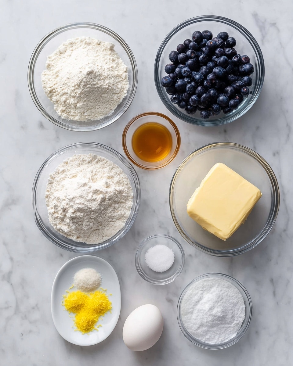 The image shows a collection of baking ingredients arranged neatly on a white marbled surface. There are five clear glass bowls containing white flour with a powdery texture, unsalted butter with a smooth pale yellow block, fresh dark blue blueberries, granulated white sugar, and a pool of clear egg white. There is also a small clear bowl with light amber liquid vanilla extract and a single whole white egg. A small white plate holds four small piles: bright yellow lemon zest, white baking powder, fine salt, and white baking soda, each with different textures and shapes. The arrangement is clean and well spaced, with a bright natural light highlighting the colors and textures of the ingredients. photo taken with an iphone --ar 4:5 --v 7