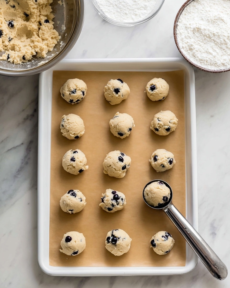 A white baking tray lined with brown parchment paper holds twelve round dough balls evenly spaced in three rows of four. Each light beige dough ball has visible dark blueberries embedded inside, showing a soft texture. A metal scoop is placing the last dough ball on the bottom row, front center. In the top left corner, a stainless steel bowl with more dough sits on a white marbled surface, and in the top right corner, a white bowl filled with white powdered sugar is visible. The scene is bright and clean with a soft, natural light. photo taken with an iphone --ar 4:5 --v 7