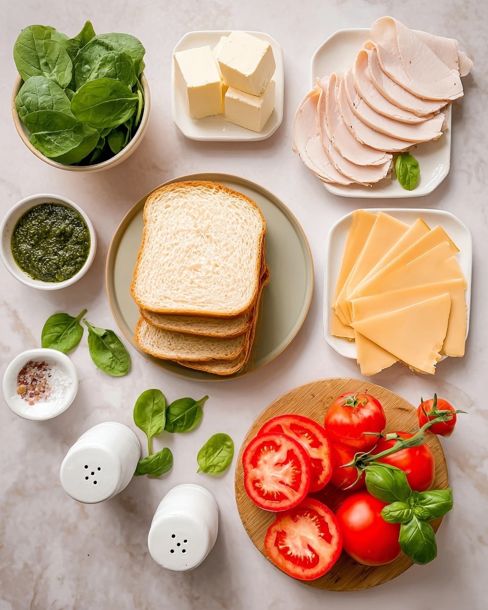 The image shows ingredients for a fresh sandwich laid out on a white marbled surface. At the center, there are three slices of light brown bread stacked on a white plate. To the left, a small white bowl holds bright green spinach leaves, and nearby, a small white bowl contains dark green pesto. Above the spinach, there is a small stack of butter cubes on a light tan plate. On the top left, there are several slices of pale pink turkey arranged on a white plate. To the right, a white rectangular plate holds five slices of pale yellow cheese. At the bottom right, a round wooden board displays five bright red tomato slices with a small green basil leaf on top, and a whole tomato rests nearby. A small bunch of vine tomatoes sits on the right side. Two white containers labeled salt and pepper are placed close to the tomatoes. A few scattered fresh green basil leaves finish the scene. photo taken with an iphone --ar 4:5 --v 7