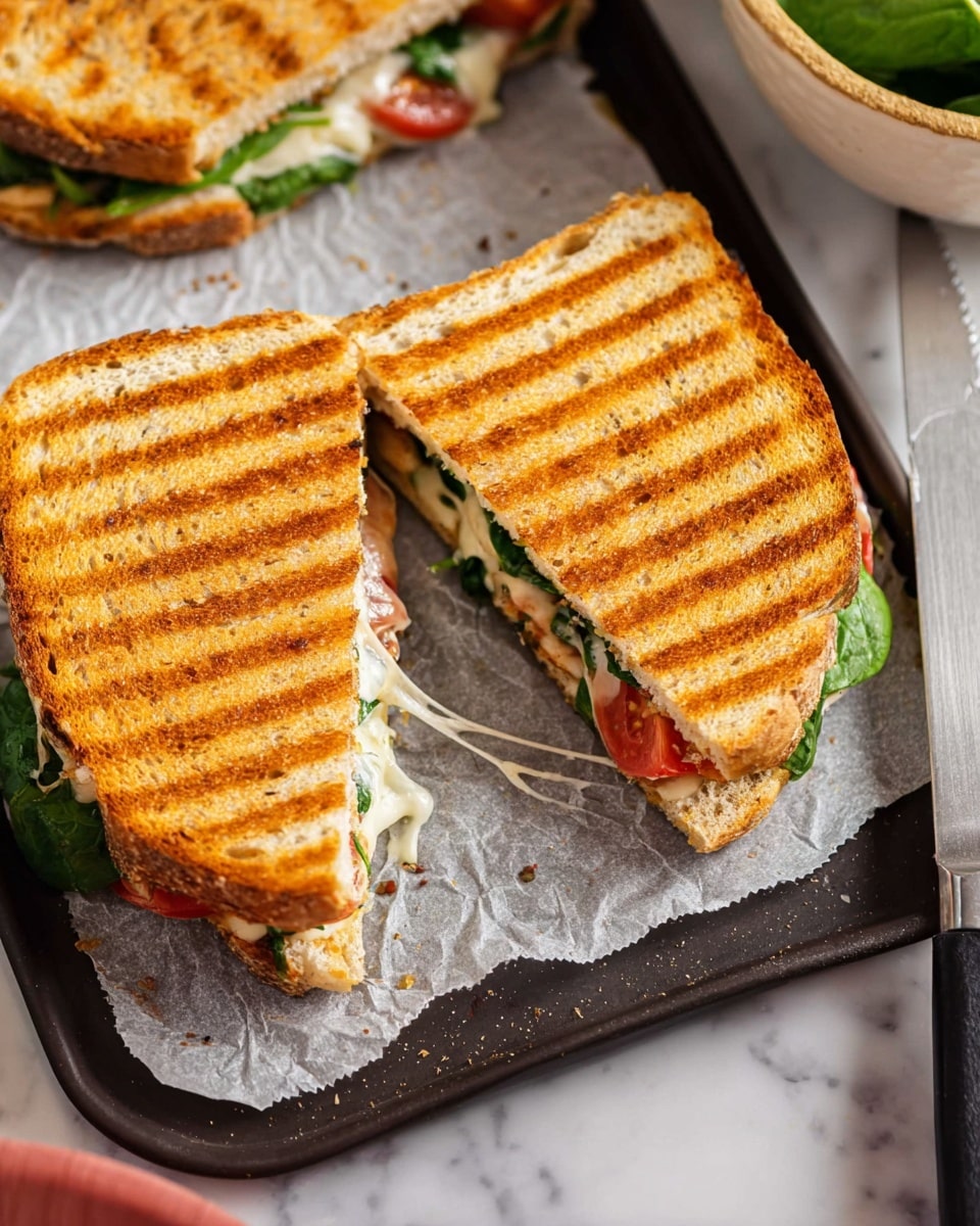 The image shows a stacked sandwich cut into layers, with four visible thick slices of golden-brown grilled bread that has a slightly crispy and textured surface. Between the bread layers, there is fresh green spinach with smooth leaves, bright red tomato slices with juicy texture, melted white cheese that looks soft and creamy, and light beige slices of turkey meat. The sandwich layers are placed closely together with a white marbled background visible around the edges. The sandwich is resting on crumpled white parchment paper. Photo taken with an iphone --ar 4:5 --v 7