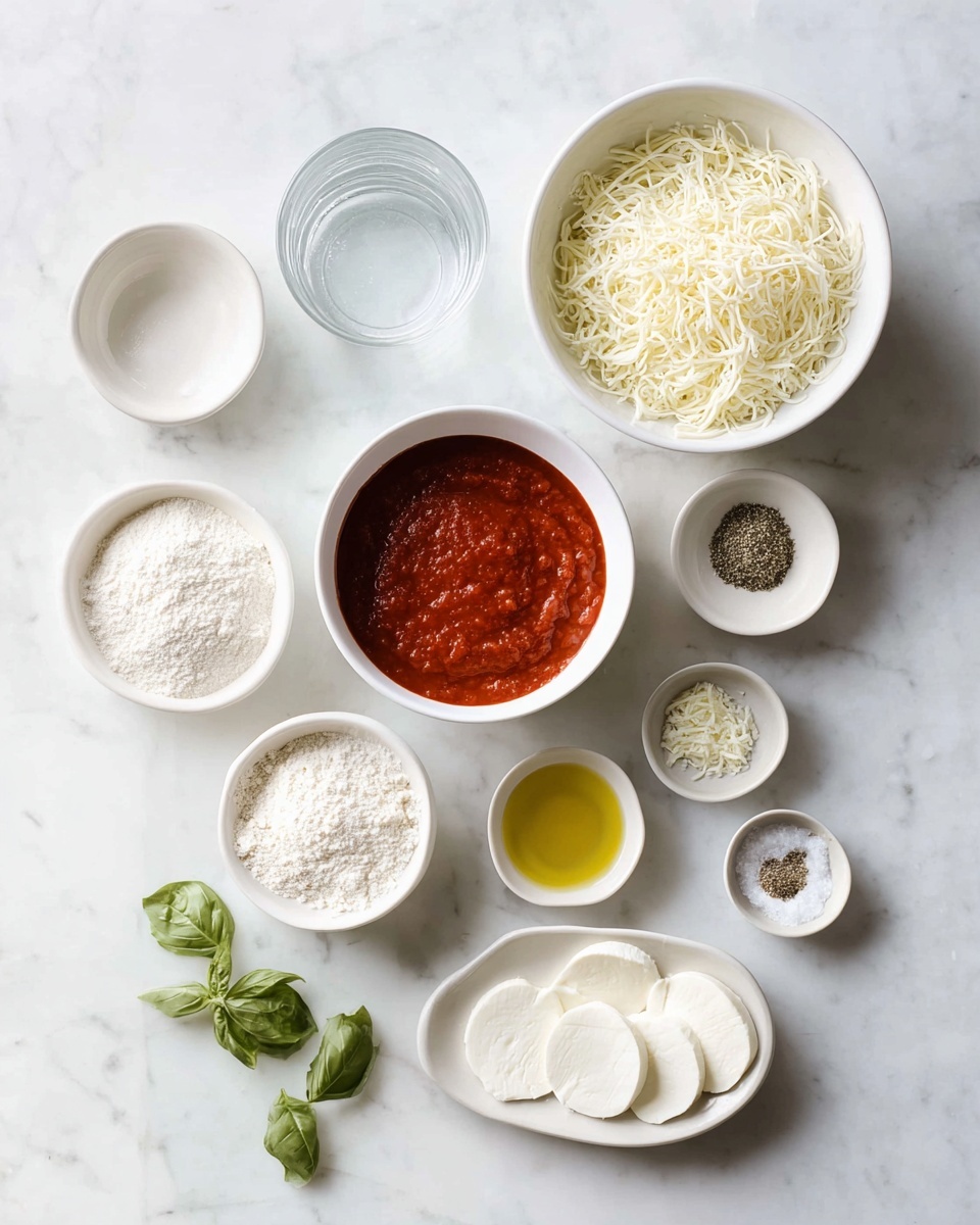 The image shows various ingredients placed neatly on a white marbled surface. There is a clear glass of water and a white bowl full of shredded mozzarella cheese at the top. Below, a white bowl of rich red tomato sauce stands out in the middle. Surrounding this are smaller white bowls: one with white flour, another with a white powder, and a small bowl with olive oil. There are also a few tiny bowls holding dried herbs, salt, and some light brown seasonings. Slices of fresh white mozzarella are arranged in a white bowl near the bottom center. A few fresh green basil leaves are scattered on the marble near the lower left corner. The scene looks clean and fresh, with a soft natural light. photo taken with an iphone --ar 4:5 --v 7