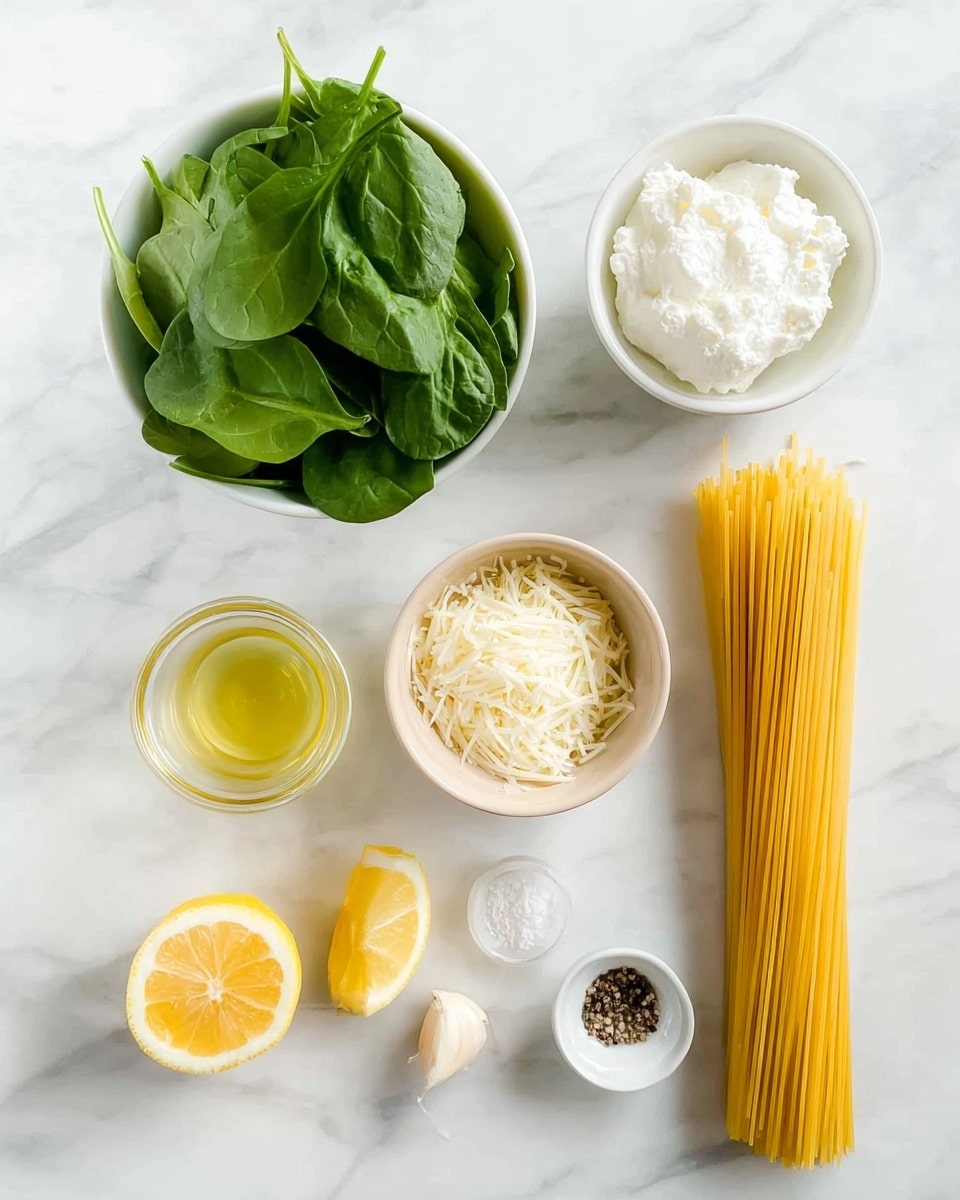 The image shows six main ingredients neatly arranged on a white marbled surface. On the left top, there is a white bowl filled with fresh green spinach leaves. Below it, a white bowl holds soft white ricotta cheese. Near the center, a small beige bowl contains shredded white cheese. Next to it, a glass container with light golden olive oil is placed. At the bottom left, there are two lemon halves showing bright yellow flesh. On the right, uncooked yellow spaghetti strands lie vertically, forming a neat bundle. Lastly, a small white dish contains one clove of garlic and small piles of salt and black pepper. Photo taken with an iphone --ar 4:5 --v 7