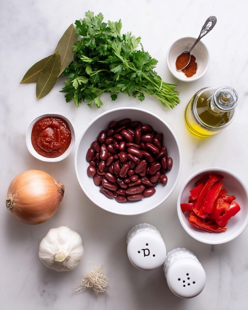 A top view of ingredients neatly arranged on a white marbled surface, featuring a white bowl filled with dark red kidney beans in the center. Above the bowl is a bunch of fresh bright green parsley and a large dark green bay leaf. To the left of the bowl is a small white bowl with bright red tomato paste, and below it, a whole pale golden onion and a white garlic bulb with some root strands. To the right of the bowl is a small white bowl with charred red bell pepper pieces, and above it is a white container of paprika with a metal spoon inside. On the lower right side is a glass bottle of olive oil. In the bottom right corner, there are white salt and pepper shakers marked with
