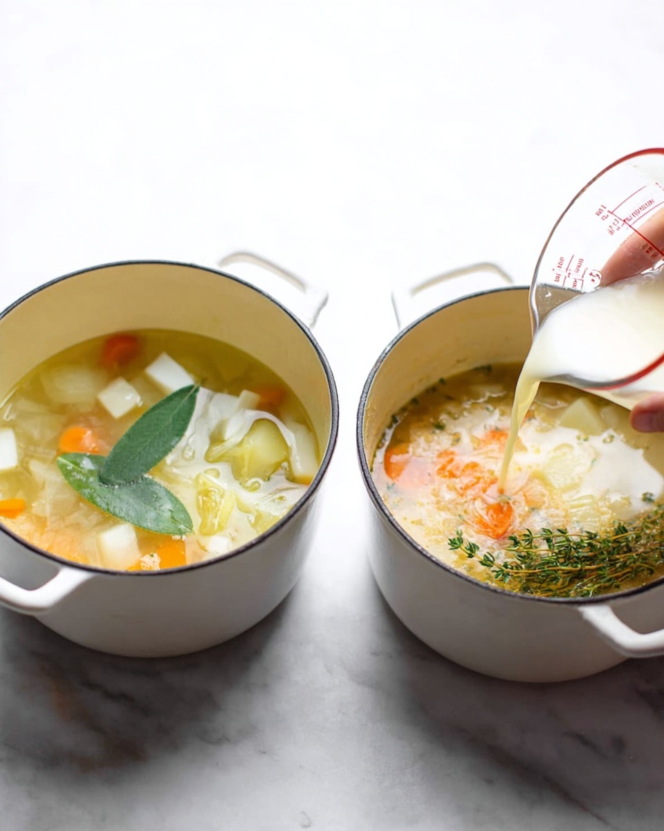 Two white pots sit on a white marbled surface. The pot on the left shows a clear soup with three layers: a bottom clear broth layer, a middle layer with cut white vegetables and orange carrots, and a top layer with a green bay leaf and a sprig of thyme floating. The pot on the right shows a creamy soup with three layers: a bottom layer of white creamy broth, a middle layer with white vegetable pieces, orange carrots, and green herbs, and a woman's hand pouring more creamy liquid from a clear measuring cup into the pot. photo taken with an iphone --ar 4:5 --v 7