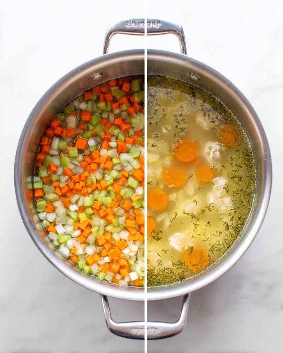 A stainless steel pot is shown from above in two side-by-side images. The left image has a layer of small diced vegetables including orange carrots, green celery, and white onions, all mixed evenly. The right image shows the same pot filled with a light yellow broth with some visible herbs floating on top. Floating within the broth are slices of white meat and round carrot pieces, all partially submerged. The pot handle and interior are clean and shiny, placed on a white marbled surface. photo taken with an iphone --ar 4:5 --v 7