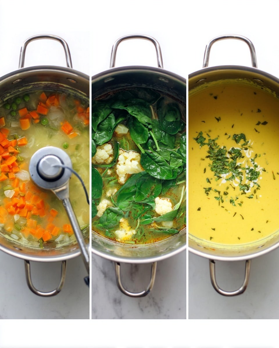 Three images of a metal pot on a white marbled surface show different stages of making soup. The first image shows a pot filled with clear broth, small orange carrot cubes, and cauliflower florets, with a silver hand blender inside. The second image shows yellow soup base in the pot with fresh green spinach leaves, green peas, and a bit of cream on top before blending. The third image shows smooth yellow soup in the pot, with small pieces of greens and a sprinkle of chopped herbs on top. photo taken with an iphone --ar 4:5 --v 7