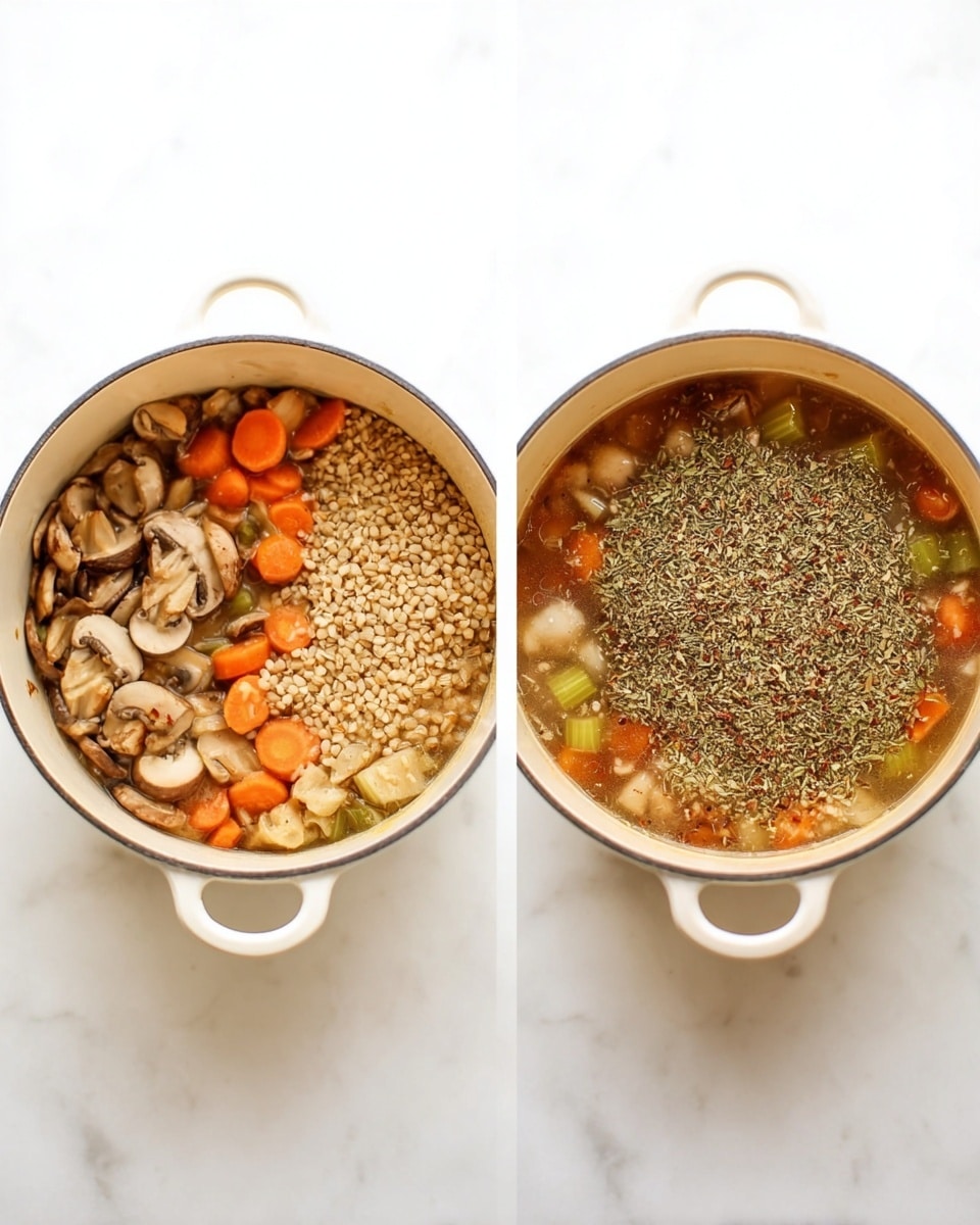 The image shows two white pots side by side on a white marbled surface. The pot on the left has a base layer of sliced brown mushrooms, light orange carrot pieces, and small green celery bits, with a top layer of light brown grains filling the center. The pot on the right has a similar mix of mushrooms, carrots, and celery under a broth that looks light brown and slightly clear, with a large heap of mixed dried herbs in various shades of green and brown on top, slightly sinking into the liquid. photo taken with an iphone --ar 4:5 --v 7