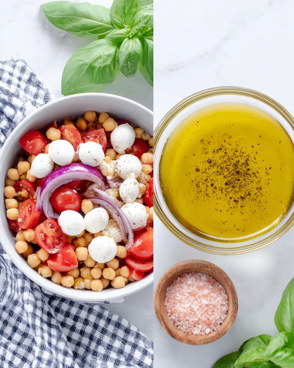 The first part of the image shows a round white bowl filled with a colorful salad that has four layers: a base layer of beige chickpeas, scattered small white mozzarella balls, bright red cherry tomato halves, and thin slices of purple onion mixed throughout. The second part shows a clear glass bowl on a white marbled surface filled with yellow olive oil topped with a sprinkle of black pepper. Fresh green basil leaves and a small wooden bowl with pink salt are placed nearby. A white and blue checkered cloth is partially visible in both parts. Photo taken with an iphone --ar 4:5 --v 7