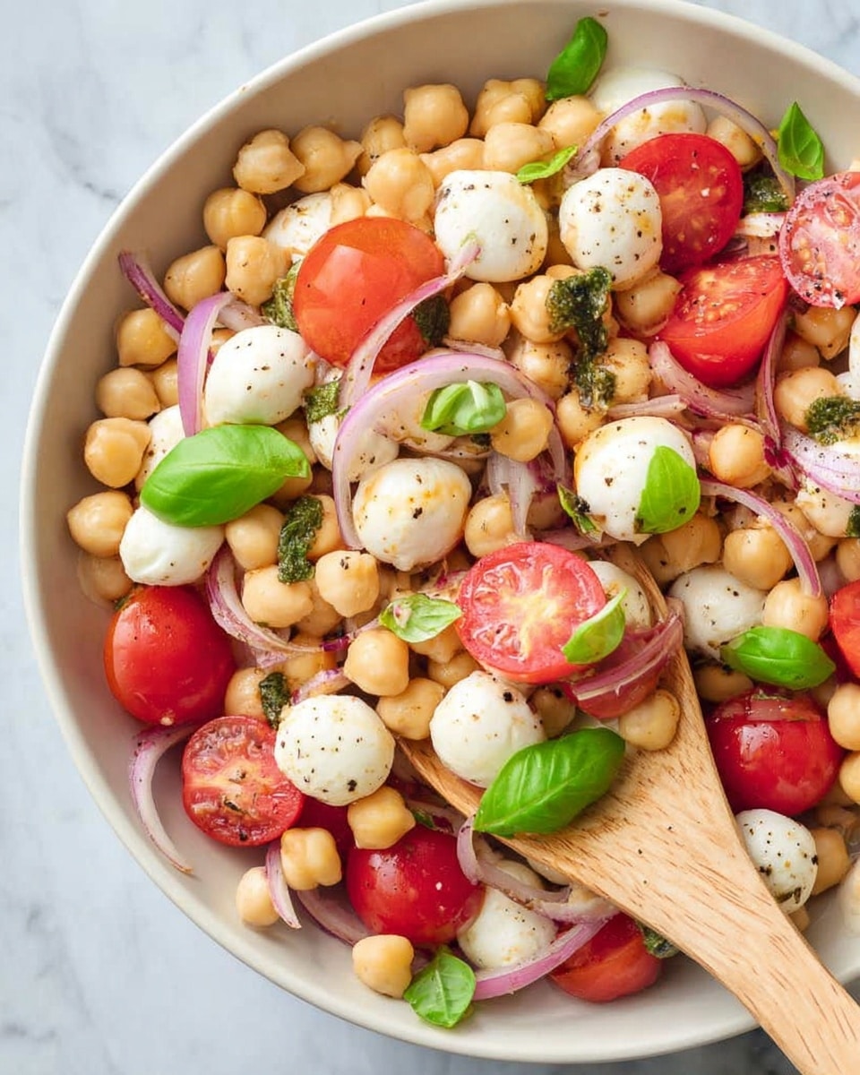 The image shows a white bowl filled with a fresh salad made up of light beige chickpeas as the base layer, scattered with bright red halved cherry tomatoes, small white mozzarella balls, and thin slices of pale purple red onion. Green basil leaves are spread on top, adding a pop of color. The salad is lightly sprinkled with black pepper and there is a wooden spoon inside the bowl lifting some of the ingredients. The bowl sits on a white marbled surface. Photo taken with an iphone --ar 4:5 --v 7