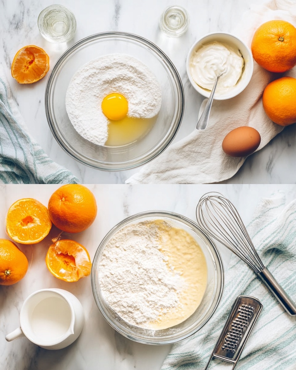 The image shows two glass mixing bowls on a white marbled surface. The left bowl contains one yellow egg and a heap of white sugar. Nearby are whole and sliced bright orange oranges, a white cup holding a white whipped topping, a silver measuring spoon, and a small amount of clear liquid in a bottle. A metal whisk and a white cloth with light blue stripes lay to the right of the bowl. The right side of the image has a glass bowl with a pale yellow frothy liquid topped with some flour and a ceramic white bowl filled with white flour with a silver spoon inside. There are two whole oranges next to a metal grater, and the white cloth with light blue stripes is also visible in the bottom right corner. photo taken with an iphone --ar 4:5 --v 7