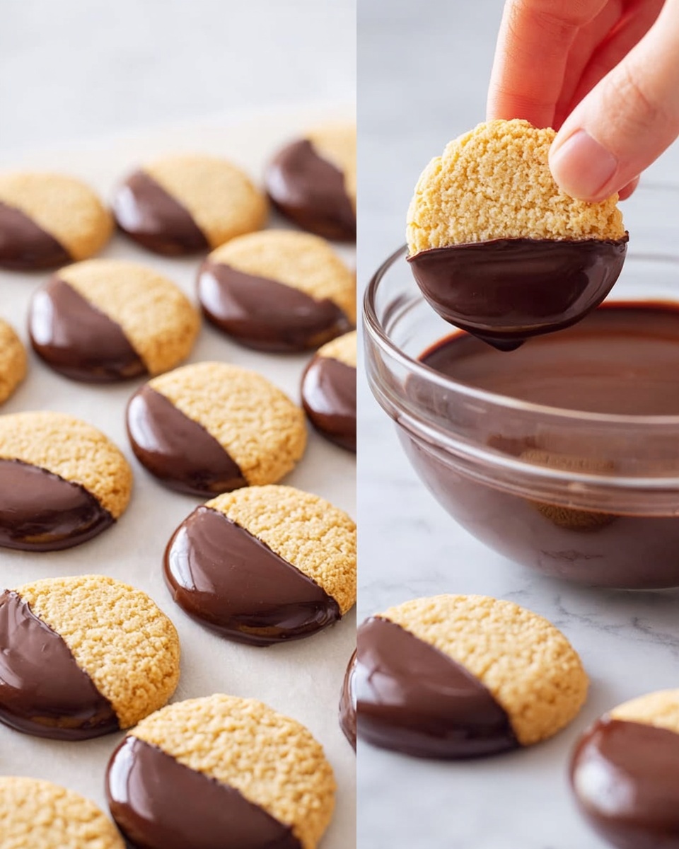 A set of round, light beige cookies with a textured, crumbly surface, each dipped halfway into a thick, shiny dark brown chocolate layer. One image shows a woman's hand holding a cookie by its top edge, dipping the bottom half into a clear glass bowl filled with smooth chocolate. The other image displays many cookies arranged neatly on a white marbled surface, each with the bottom half coated in chocolate, creating a uniform pattern of half chocolate, half plain cookie circles. The overall look is clean and appetizing, with the contrast of pale cookie and glossy dark chocolate clearly visible. photo taken with an iphone --ar 4:5 --v 7