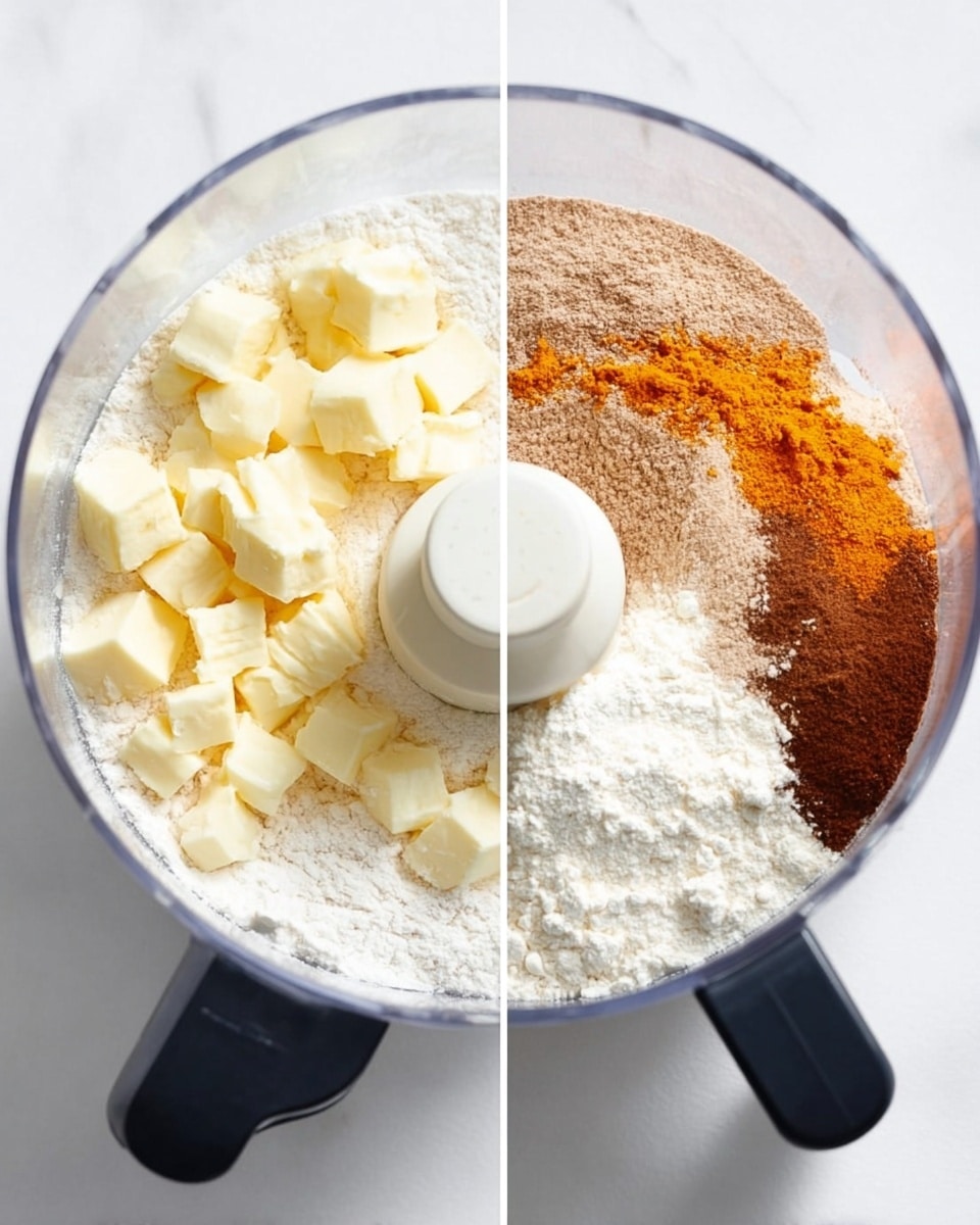 Two clear food processor bowls are shown on a white marbled texture side by side. The left bowl has two layers: a bottom layer of white flour and sugar mixture, and dozens of small, soft, pale yellow butter cubes scattered mostly on the left side of the bowl’s surface. The right bowl also has a white flour base layer, topped with three fine powders arranged in arcs on the right side—the top powder is bright orange, the middle is light brown, and the bottom is medium brown—all next to a mound of white powder on the left. The clear bowls have black handles and white central blades, all clearly visible. photo taken with an iphone --ar 4:5 --v 7
