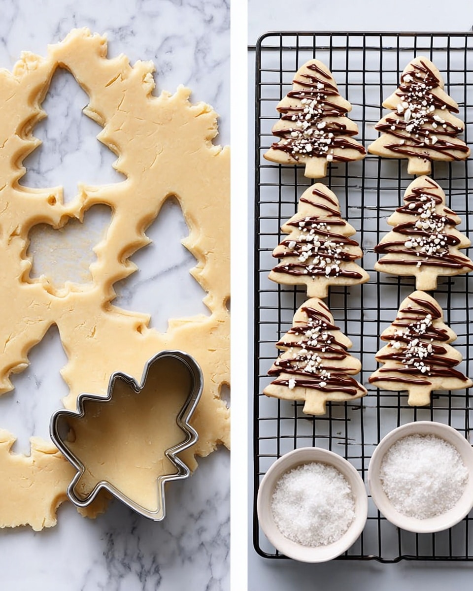 On the left side, a white marbled surface holds light golden dough with several tree-shaped cutouts, and a metal tree-shaped cookie cutter placed on the dough, showing a clean cut shape; on the right side, there is a black wire rack with eight baked tree-shaped cookies, each decorated with dark brown chocolate drizzles in zigzag lines and sprinkled with small white sugar pieces, accompanied by two small white bowls filled with white sugar crystals; the overall scene is bright and clean, showing the baking and decorating process clearly, photo taken with an iphone --ar 4:5 --v 7