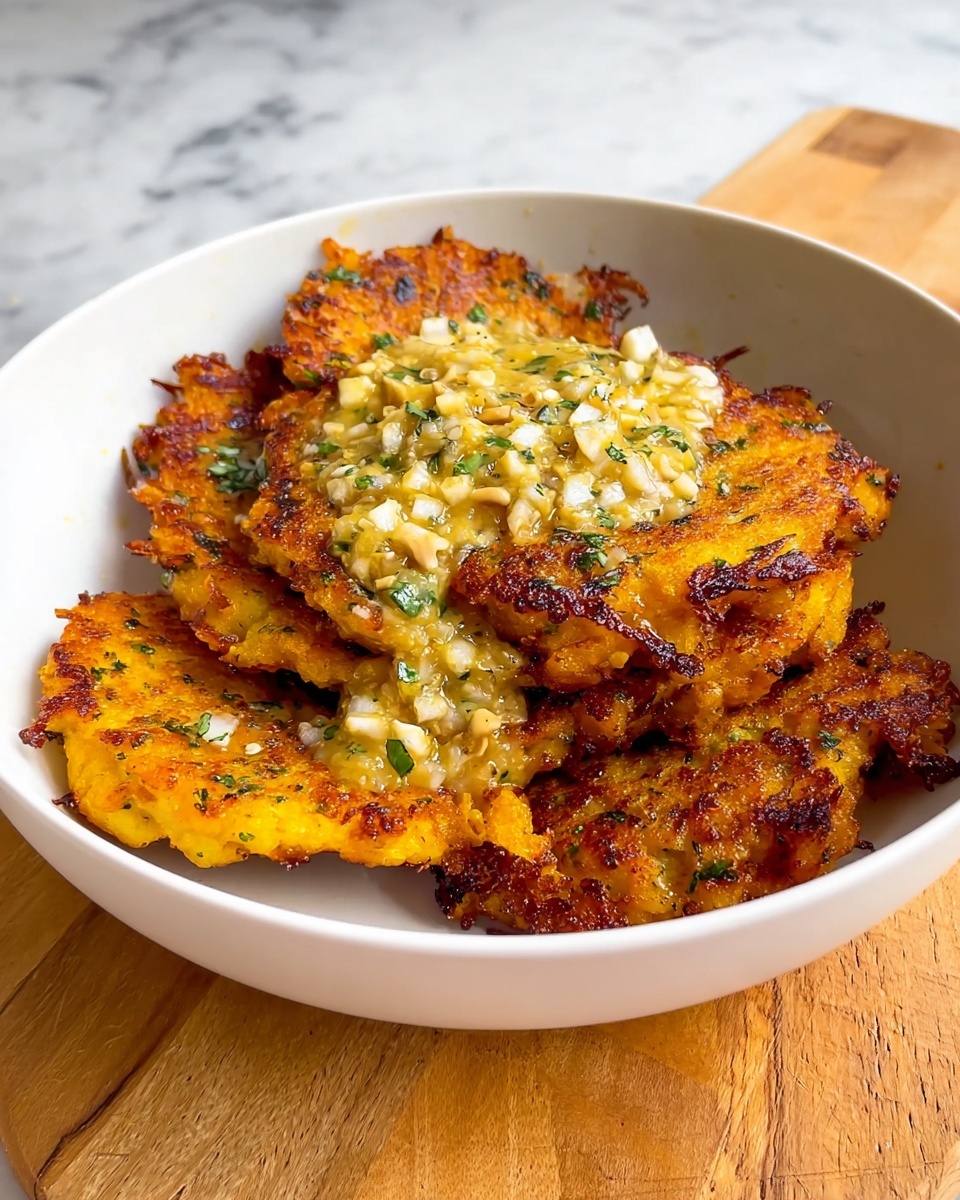 A white bowl lined with brown parchment paper holds five golden-brown fritters with a crispy texture and slightly irregular edges, each topped with a light sprinkle of white grated cheese and small bits of green herbs. The fritters show some darker caramelized spots, adding to their crisp look. On the left edge of the bowl, there is a small clear glass bowl filled with a creamy light orange dipping sauce, also garnished with green herbs. The bowl sits on a white marbled surface. photo taken with an iphone --ar 4:5 --v 7