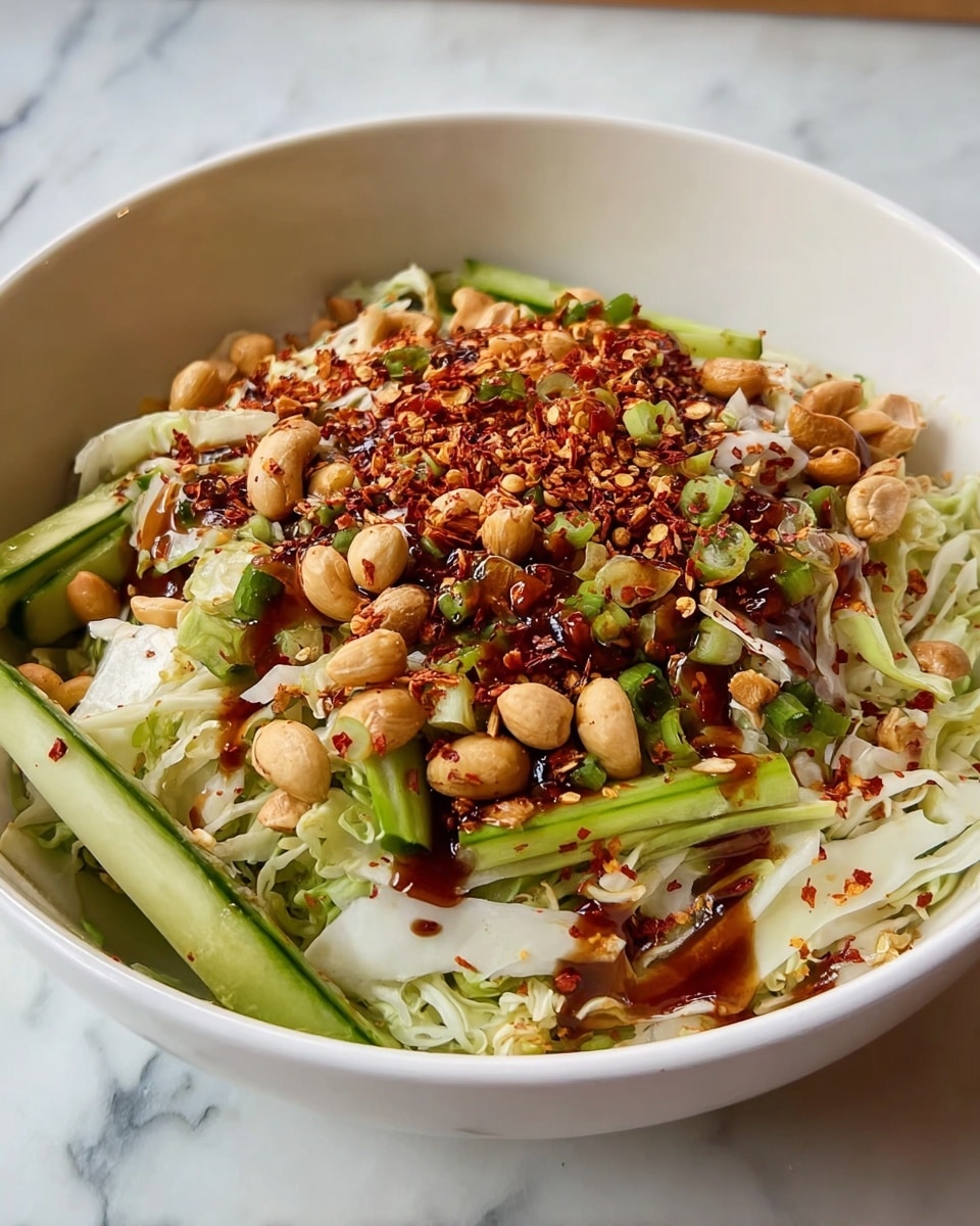 A white bowl holds a layered salad starting with a base of shredded pale green cabbage. On top of the cabbage, there are small pieces of green vegetables, some cut into long thin strips, likely cucumber. Scattered over this are whole peanuts and cashews, adding a brown and beige tone. The dish is sprinkled with a bright mix of red chili flakes and finely minced light-colored garlic. There are also some small sliced green chili pieces mixed in. A dark brown sauce is lightly drizzled over the top. The bowl sits on a white marbled surface. Photo taken with an iphone --ar 4:5 --v 7