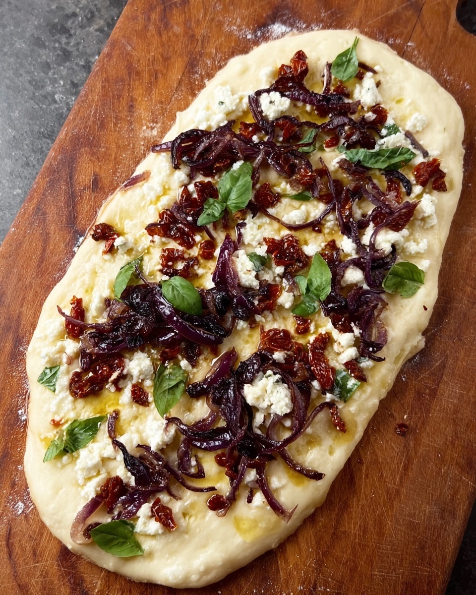 An oval-shaped dough base with a light cream color is placed on a wooden board. The dough is brushed with a glossy layer of olive oil. On top, there are thin strips of deep purple caramelized onions scattered evenly. Small crumbles of white cheese cover the surface, mixed with bits of sun-dried tomatoes in a dark red color. Bright green fresh basil leaves are placed sporadically on the top, adding a pop of color. The texture contrasts between the smooth dough and the rough, crumbly cheese and onions create a rustic look. photo taken with an iphone --ar 4:5 --v 7