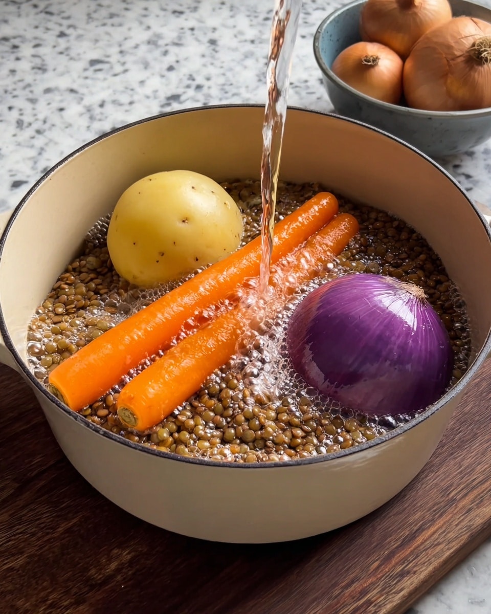 A white pot filled with small brown lentils as the base layer, topped with two whole bright orange carrots placed side by side near the back, a smooth light yellow peeled potato positioned in front toward the left, and a whole purple onion with a shiny surface in front toward the right. Clear water is being poured into the pot, creating bubbles and some ripples over the lentils and vegetables. The pot rests on a dark wooden chopping board, and in the background, there is a bowl containing whole onions. The surrounding surface is a white marbled texture photo taken with an iphone --ar 4:5 --v 7