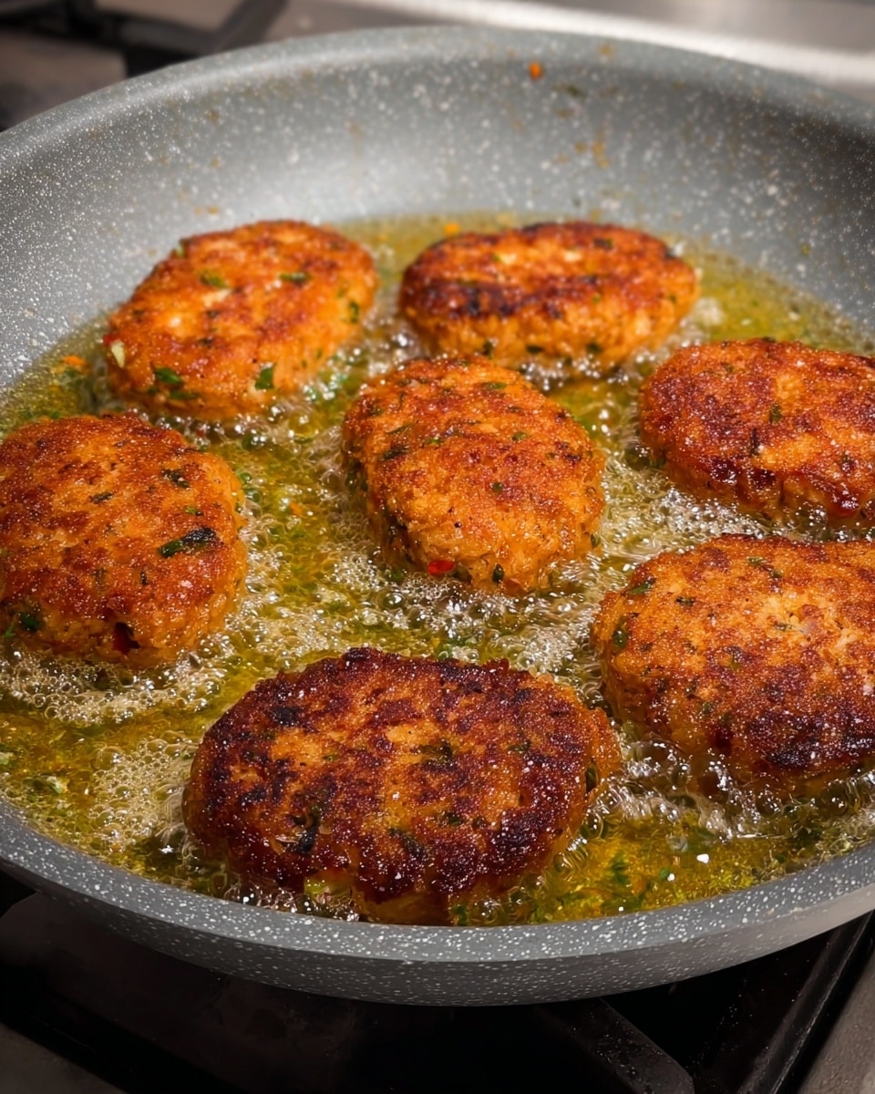 In a grey speckled frying pan on a stove, seven oval-shaped patties are frying in bubbling golden oil. The patties have a crispy, browned outer layer with small green herb bits and tiny chunks of lighter ingredients visible inside. They vary slightly in color from dark golden brown to lighter orange-brown, showing a textured surface that looks crunchy. The pan sits on a metal stove grate, and the sizzling oil surrounds each patty, adding shine and movement to the scene. photo taken with an iphone --ar 4:5 --v 7