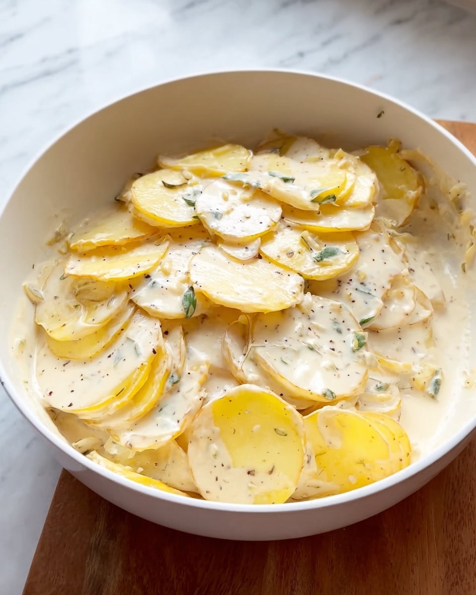 A white bowl filled with several layers of thinly sliced yellow and pale yellow potatoes, covered in a creamy white sauce with small black pepper specks and bits of onion. The potatoes are soaked in the smooth, rich sauce, creating a thick, slightly shiny texture. The bowl sits on a wooden surface with a white marbled background visible behind it. photo taken with an iphone --ar 4:5 --v 7