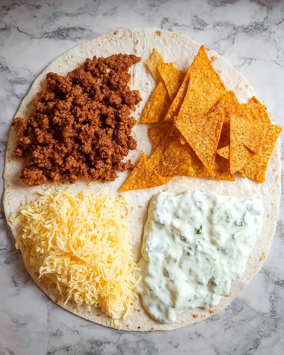 A white tortilla is divided into four sections with different toppings. The top left section has a dark brown, crumbly ground meat mix. The bottom left section is covered with light yellow shredded cheese. The top right section holds a small pile of triangular, light orange nacho chips with a powder seasoning. The bottom right section has a thick white creamy sauce mixed with small green herbs. The tortilla sits on a white marbled surface. photo taken with an iphone --ar 4:5 --v 7