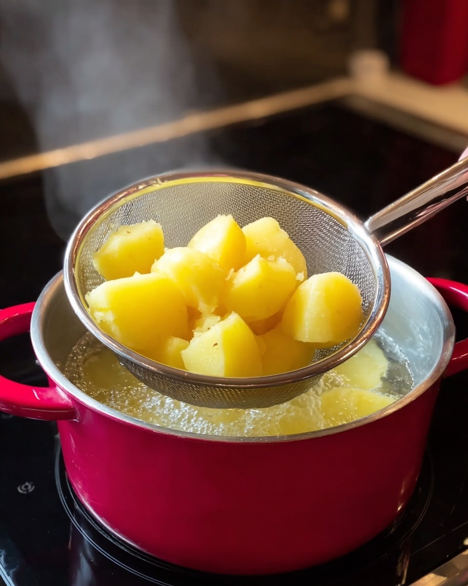 A shiny silver strainer is held above a red pot filled with boiling water, lifting several yellow and light pale yellow chunks of cooked potato. Steam rises from the pot, blending with the black stove surface beneath. The woman's hand holds the long handle of the strainer, supporting the heavy potatoes in the foreground. The background is softly blurred, focusing attention on the bright potatoes and the red pot's rim. photo taken with an iphone --ar 4:5 --v 7