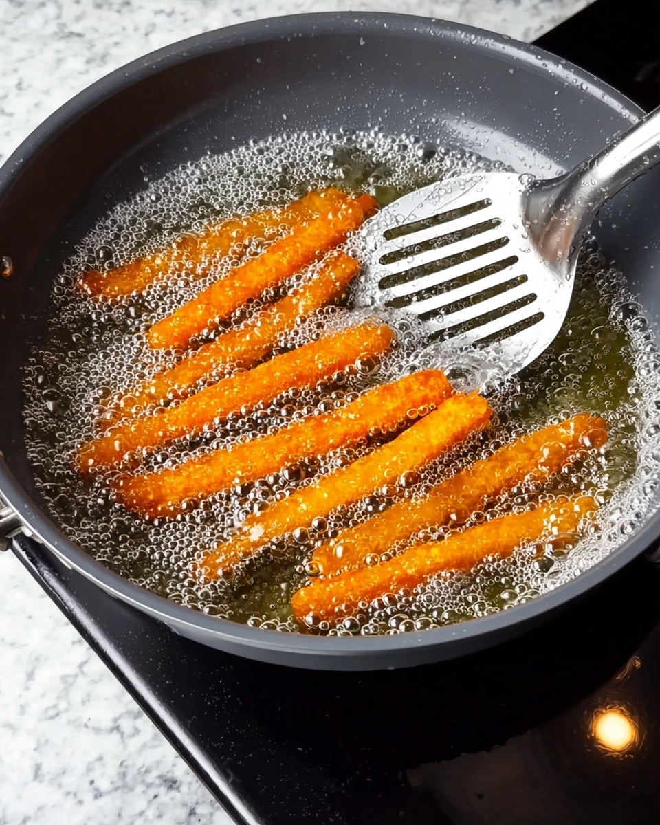 A gray frying pan filled with bubbling hot oil contains five orange fries frying inside, with tiny bubbles covering their surfaces showing they are cooking. A silver slotted spatula is lifted above the fries, ready to scoop them, all positioned on a black stovetop with some reflections. The background surface under the stove is a white marbled texture. photo taken with an iphone --ar 4:5 --v 7