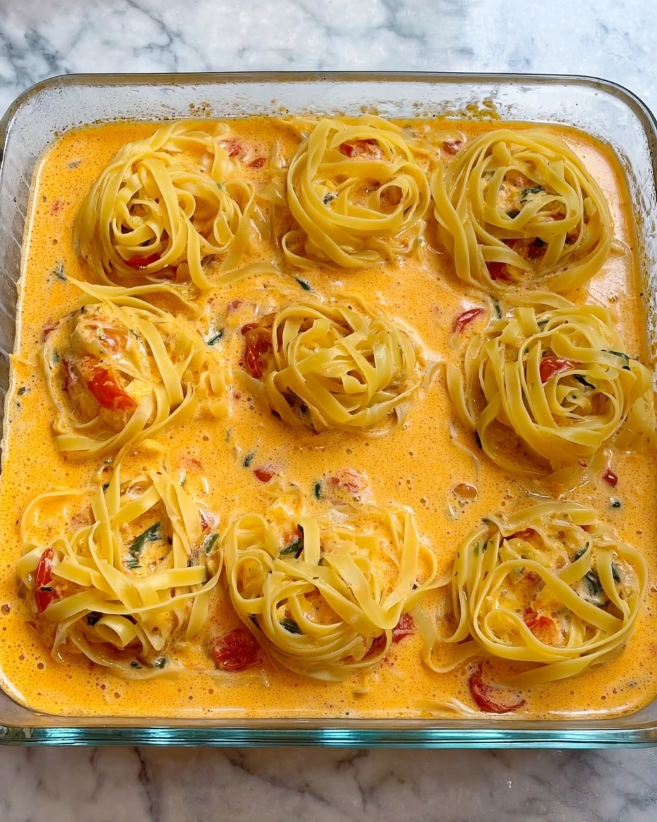 A clear glass baking dish shows eight small nests of uncooked yellow fettuccine pasta placed evenly on top of a thick, creamy orange sauce with visible green herbs and pieces of red tomatoes mixed in. The surface of the sauce is smooth with some small bubbles, and the dish sits on a white marbled texture surface. Photo taken with an iphone --ar 4:5 --v 7