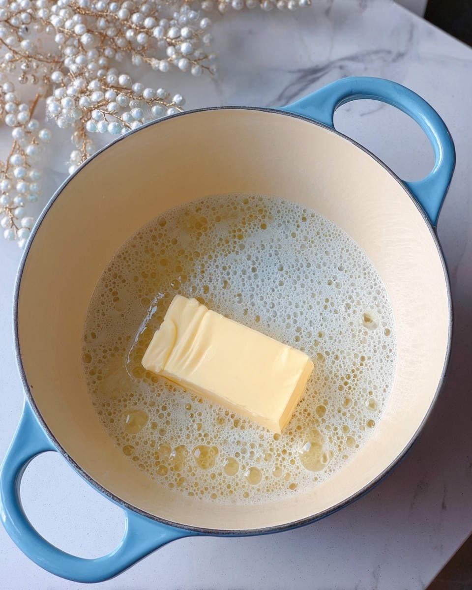 A blue cooking pot with a white inside surface, sitting on a black stove with a white marbled background, contains a rectangular block of melting yellow butter in the center, surrounded by bubbling melted butter that shows small and large bubbles across the bottom of the pot, with the pot’s handle visible at the top edge photo taken with an iphone --ar 4:5 --v 7