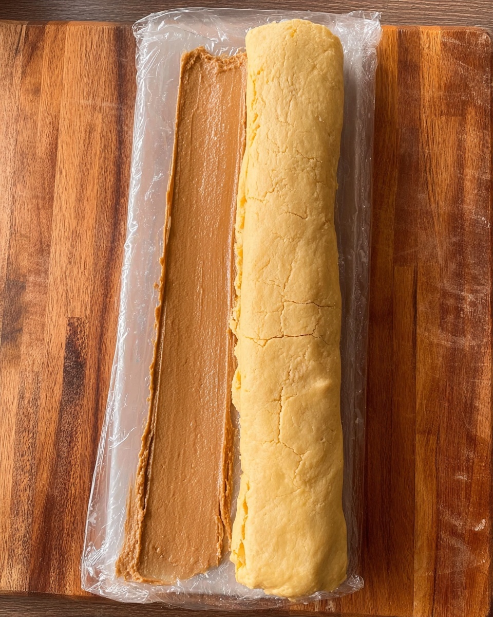The image shows a long, rolled dough on a wooden cutting board with a white marbled background underneath. The dough has two visible layers: a thicker outer layer with a pale yellow color and a smooth but slightly cracked texture, and a thinner inner layer filled with a darker brown, grainy mixture spread evenly along the middle of the dough. One end of the dough is rolled up tightly, while the other end is open, revealing the filling inside. The surface under the dough has a clear plastic wrap partially covering it. Photo taken with an iphone --ar 4:5 --v 7